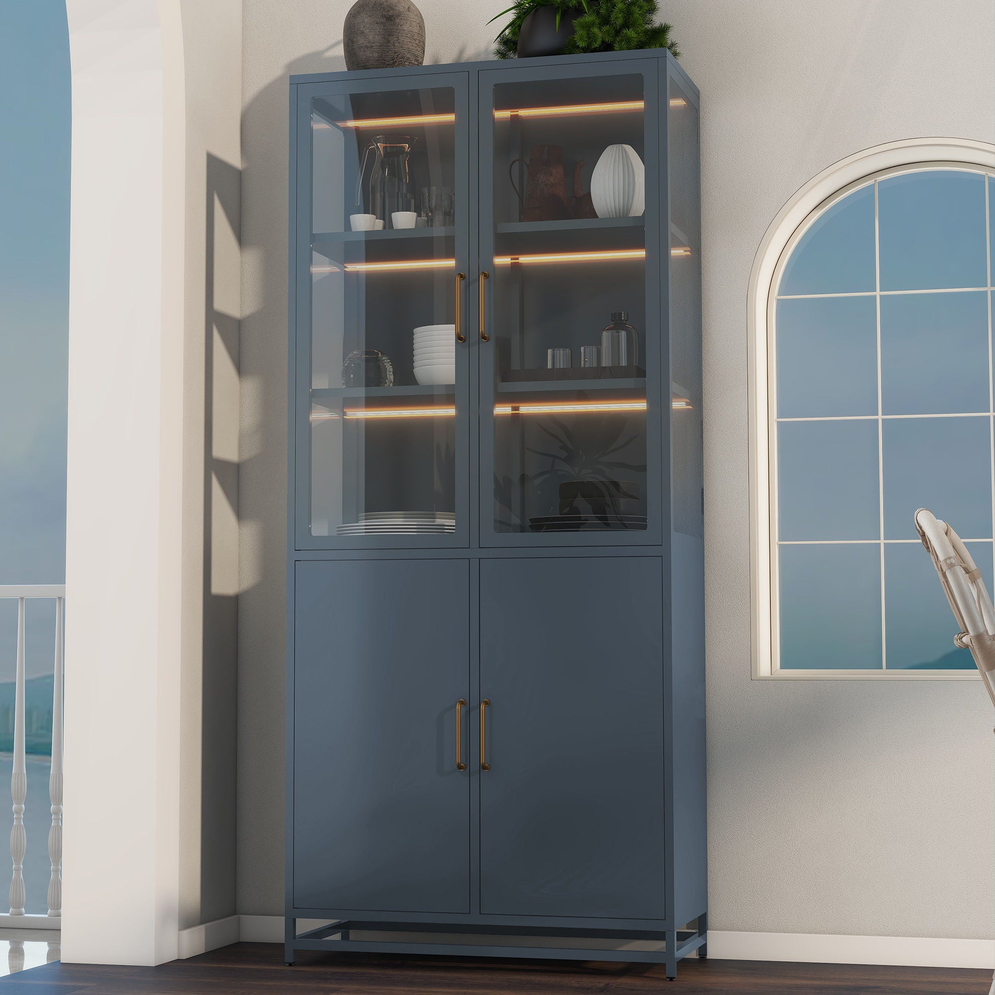 Modern Style Tall Steel Display Cabinet With Double Glass Doors, LED Lights