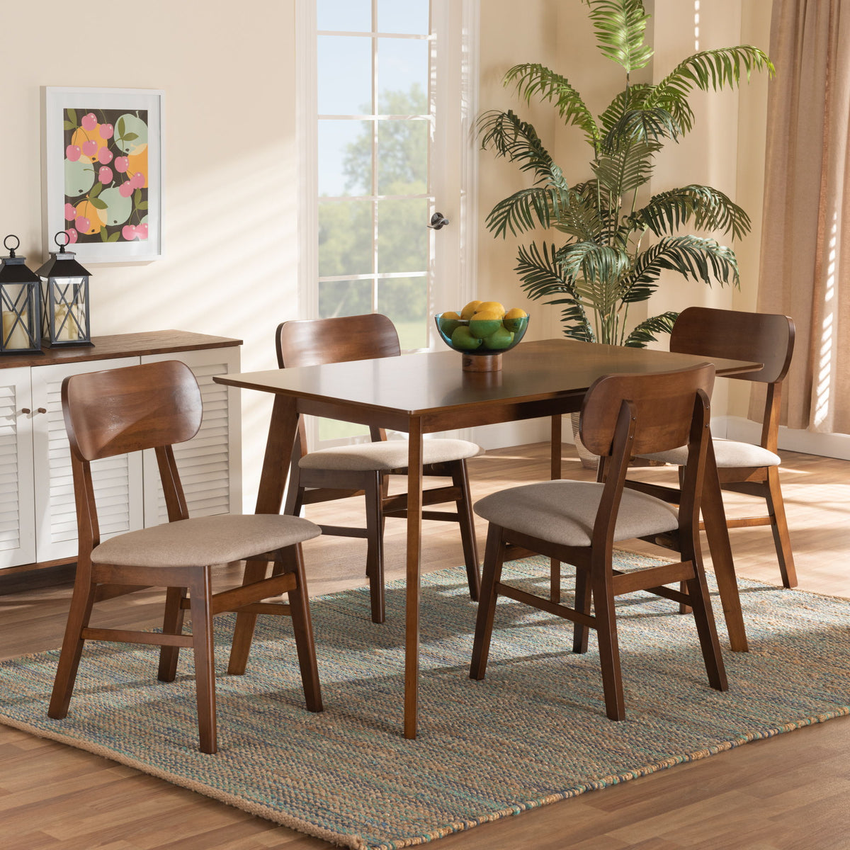 Euclid Mid-Century Modern Sand Fabric Upholstered and Walnut Brown Finished Wood 5-Piece Dining Set