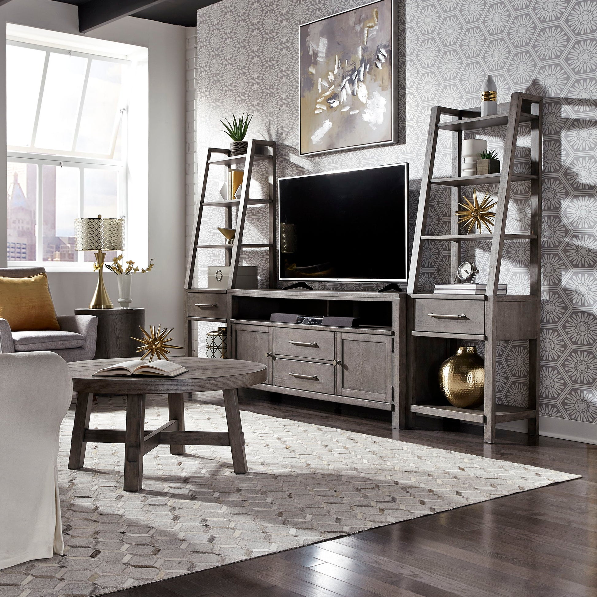 Liberty Furniture Modern Farmhouse - Entertainment Center With Piers - Dusty Charcoal | Meri Furniture