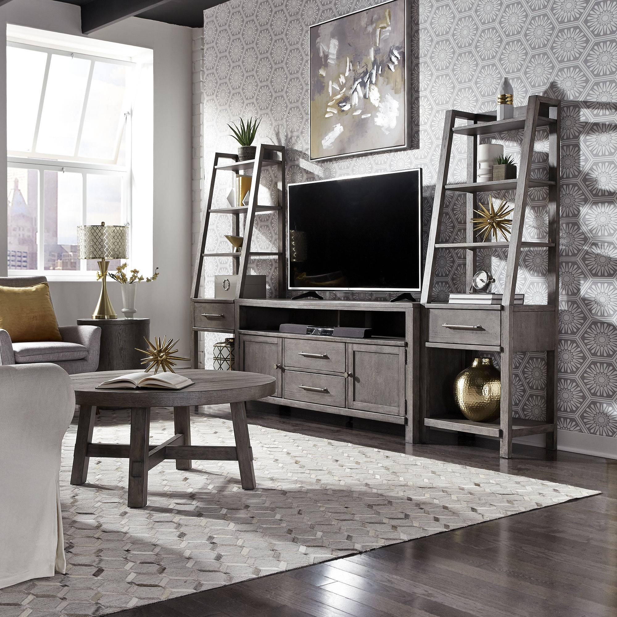 Liberty Furniture Modern Farmhouse - Entertainment Center With Piers - Dusty Charcoal | Meri Furniture