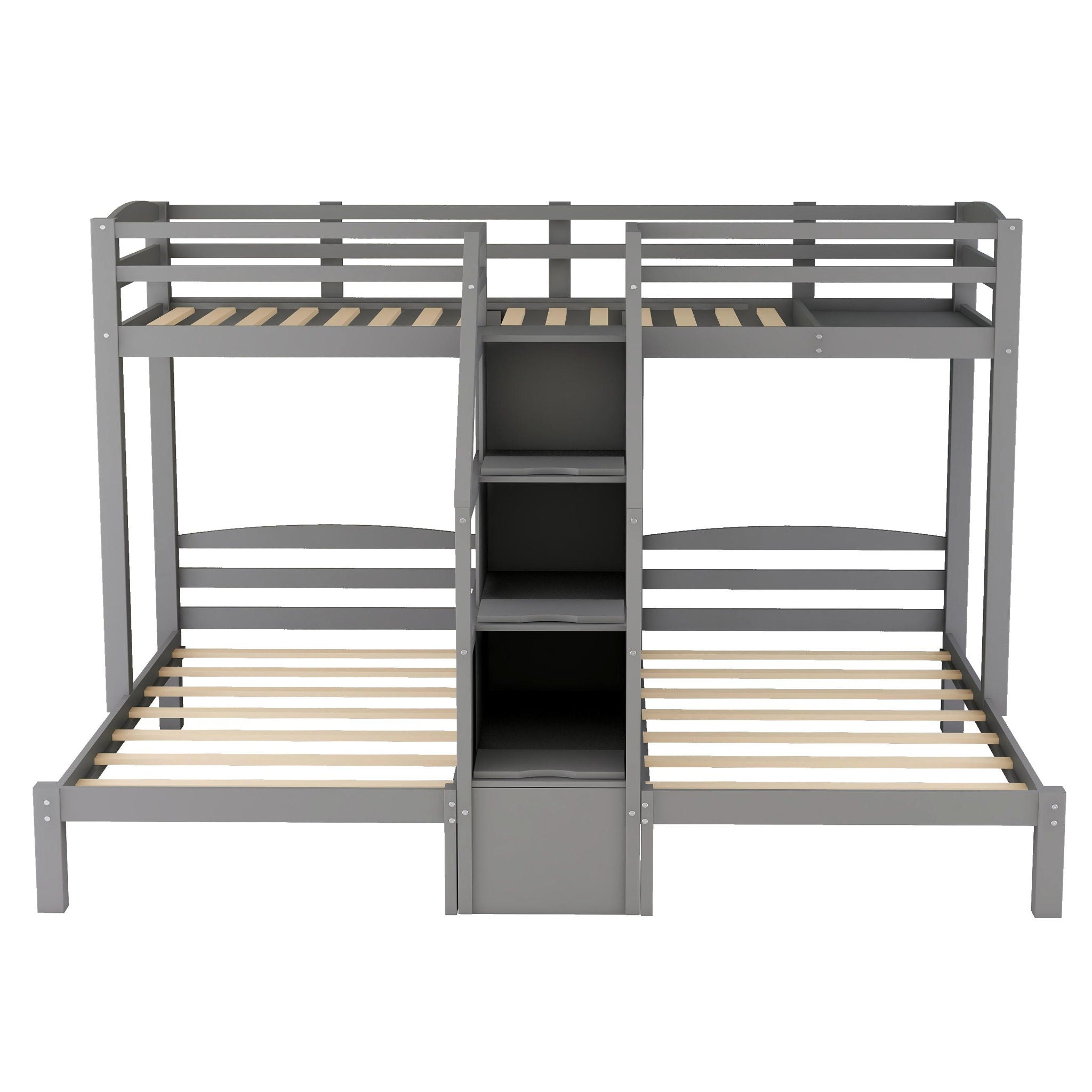 Twin Over Twin & Twin Bunk Bed With Built In Staircase And Storage Drawer - Gray