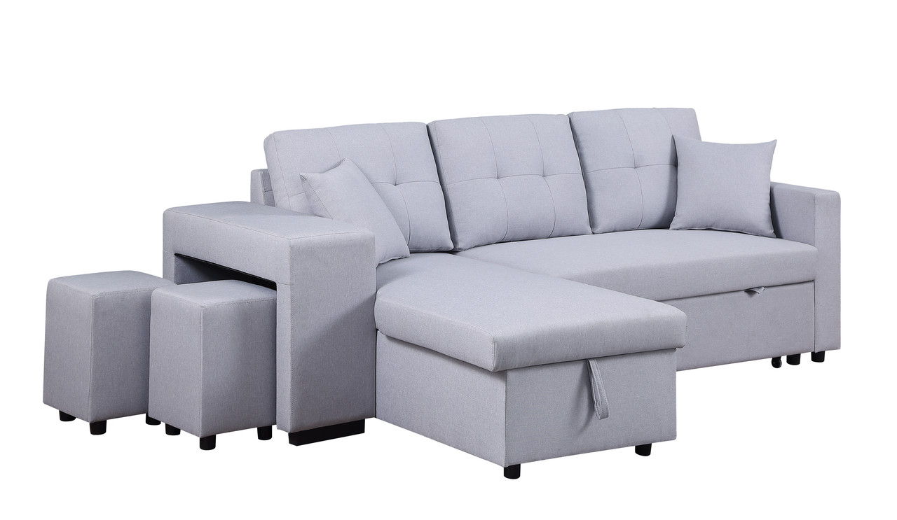 Dennis 93"W Light Gray Linen Fabric Reversible Sleeper Sectional with Storage Chaise and 2 Stools