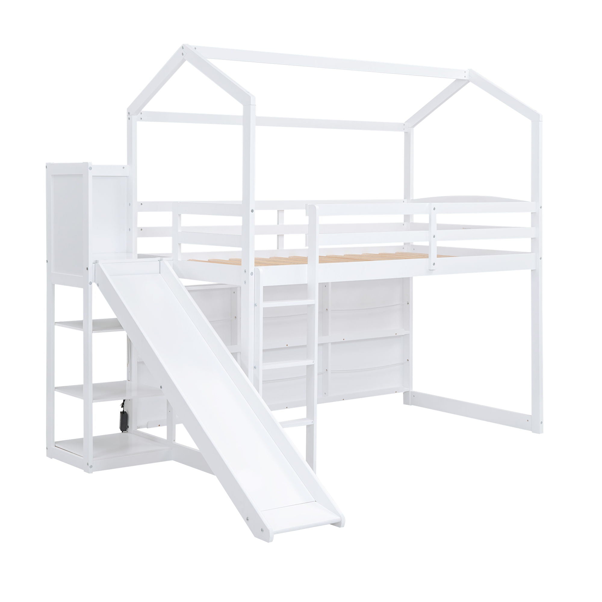 House Loft Bed With Slide, Storage Shelves And Light, Climbing Ramp