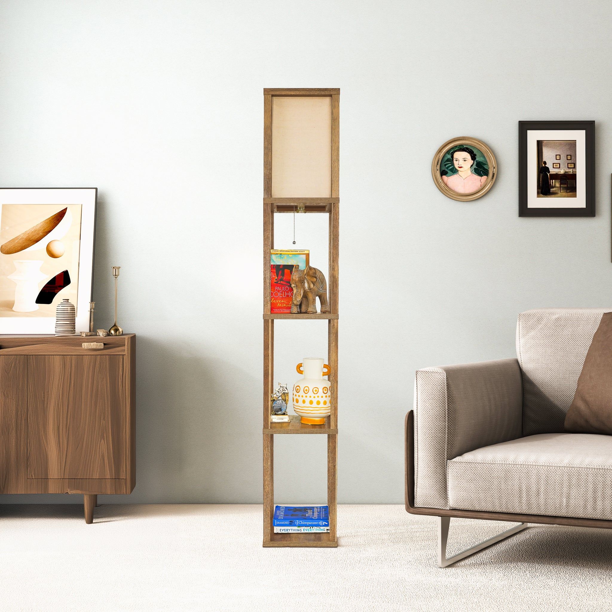 Pinnacle - Shelf Floor Lamp For Bedroom / Living Room, Long Shade - Natural Wood / White