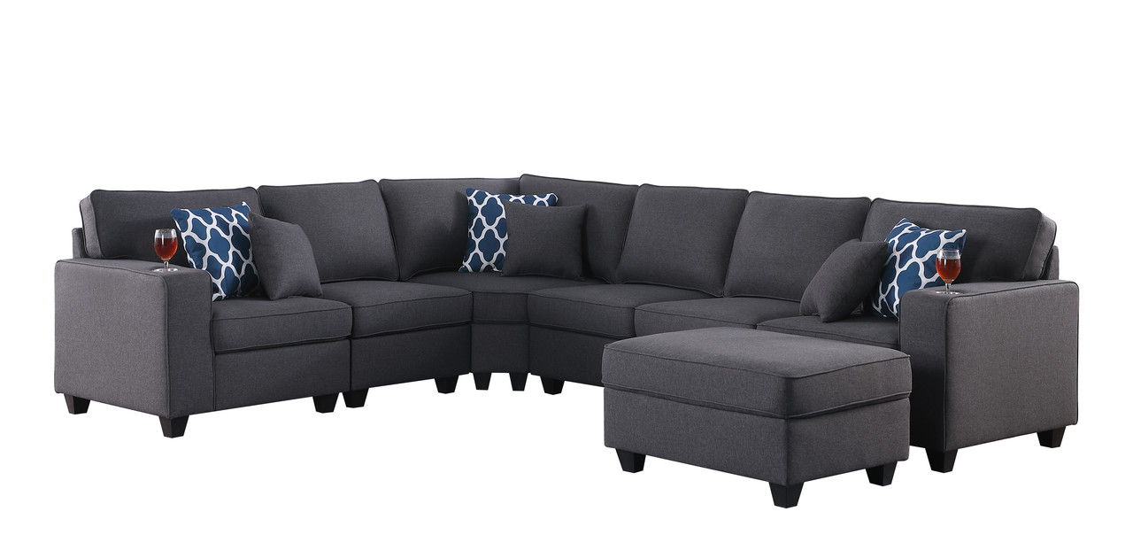 Cooper 125"W Dark Gray Linen 7Pc Reversible L-Shape Sectional Sofa with Ottoman and Cupholder