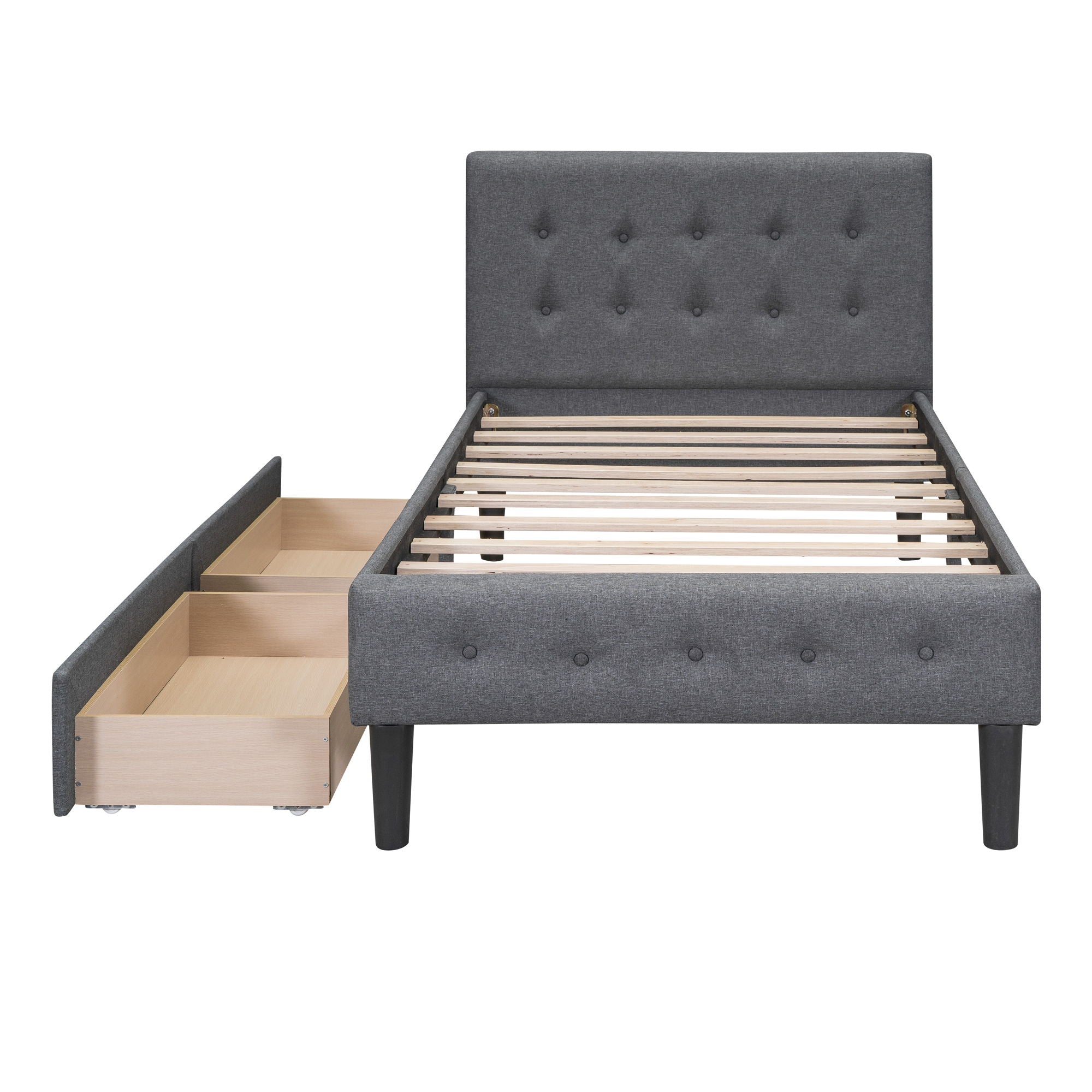 Twin Size Upholstered Platform Bed With 2 Drawers - Gray