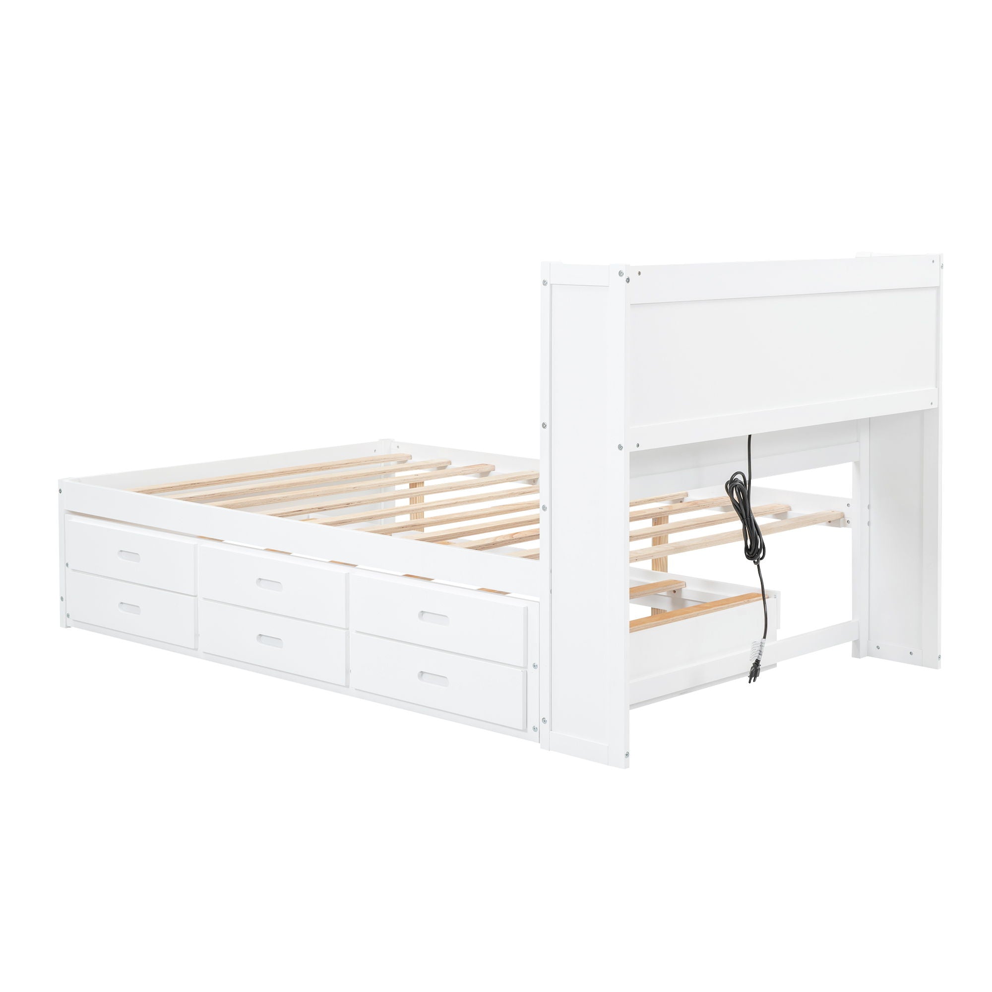 Full Size Platform Bed With Trundle, Drawers, USB Ports And Built In Shelves - White