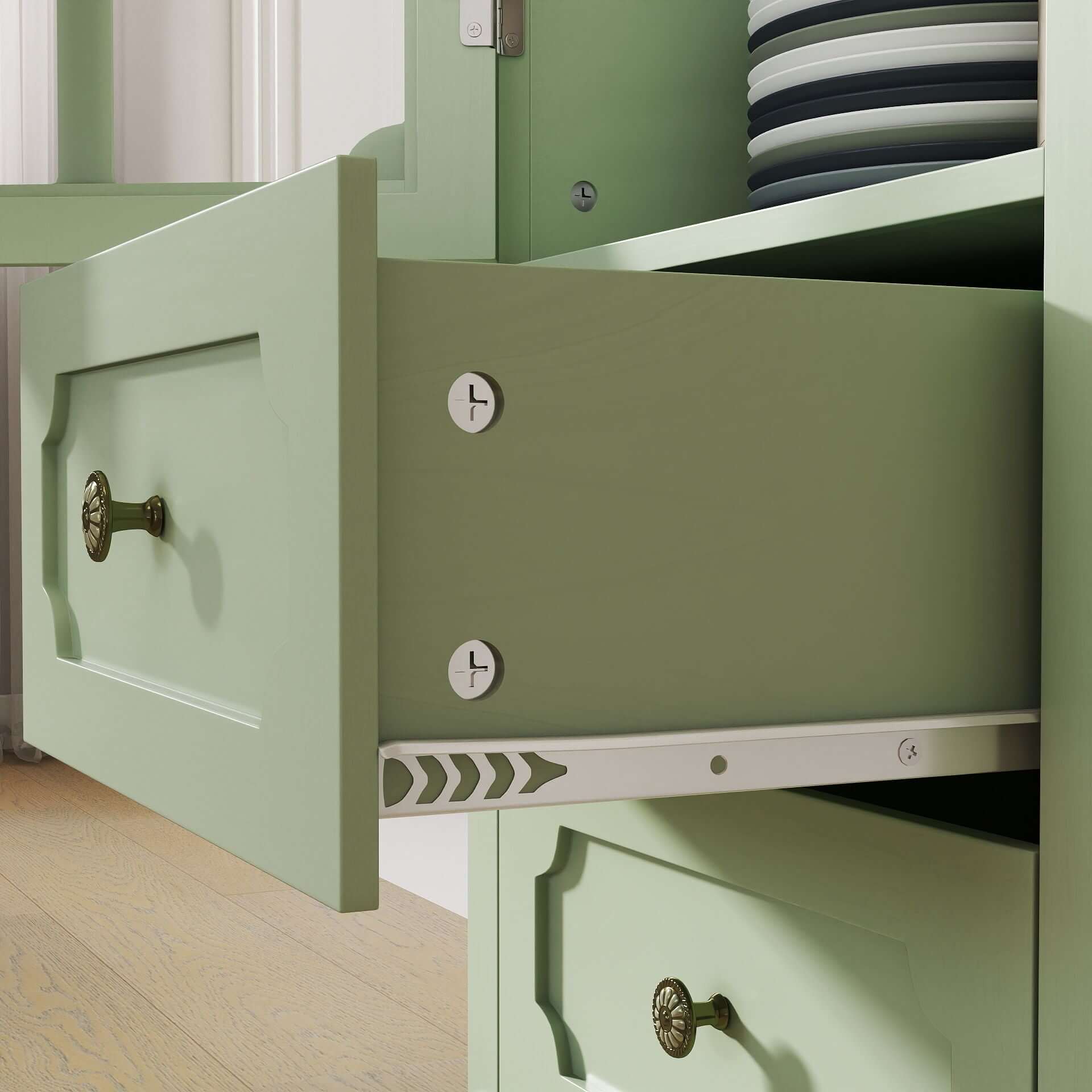 Minimalism Buffet Cabinet With Glass Doors And Double Drawer