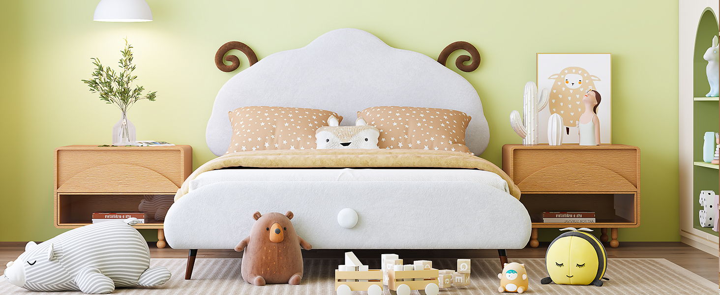 Upholstered Platform Bed With Sheep Shaped Headboard
