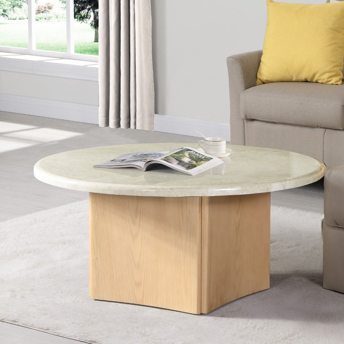 ACME Qwin - Coffee Table With Marble Top - Oak | Meri Furniture