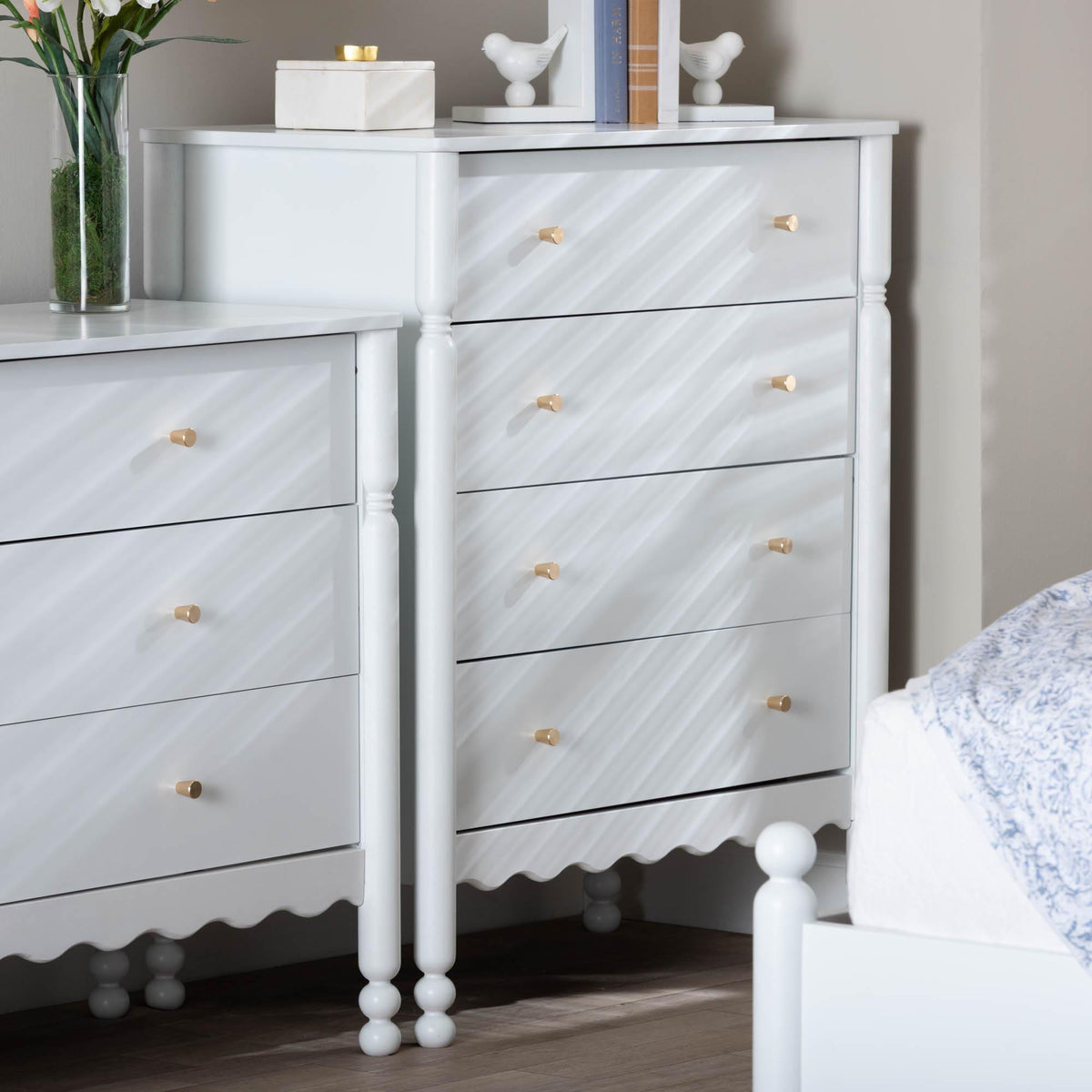 Hoffman Chest - 4-Drawer Vertical Storage Cabinet with Scalloped Apron and Turned Legs for Bedroom, White