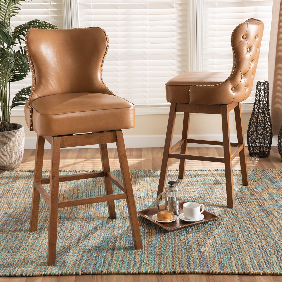 Gradisca Modern and Contemporary Tan Faux Leather Upholstered and Walnut Brown Finished Wood 2-Piece Swivel Bar Stool Set