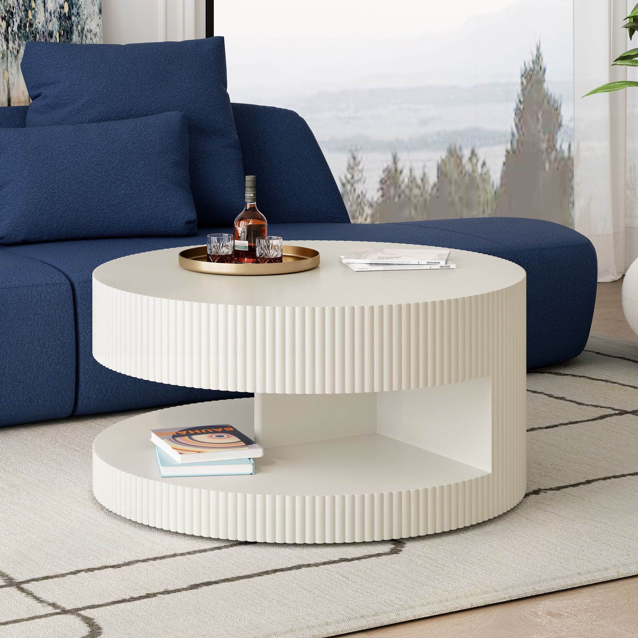 Round Coffee Table With Storage, Vertical Stripe Design