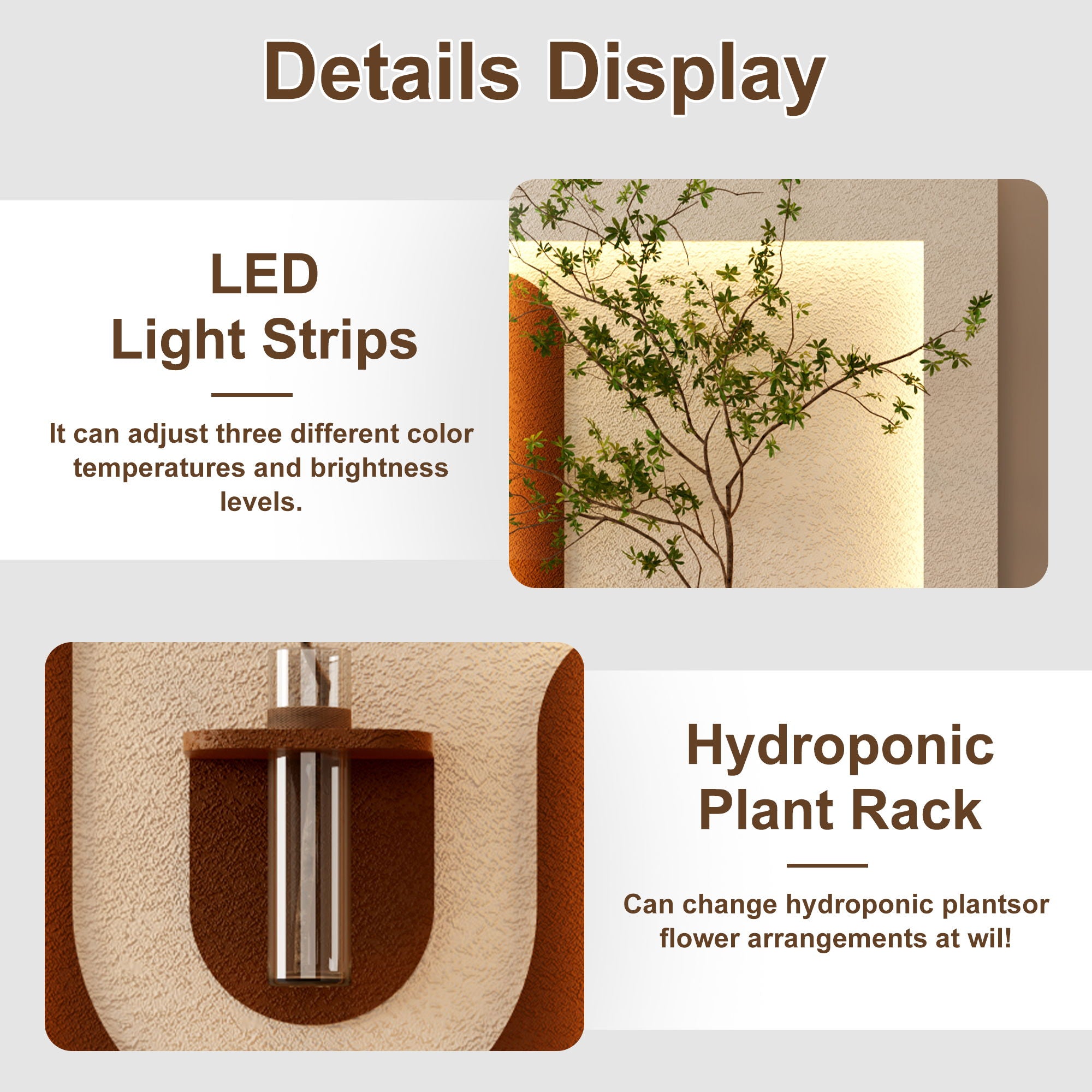 Adjustable 3 Color LED Sandstone Wall Decor With Simulated Plants, Vase & Rabbit Statue - Light Coffee