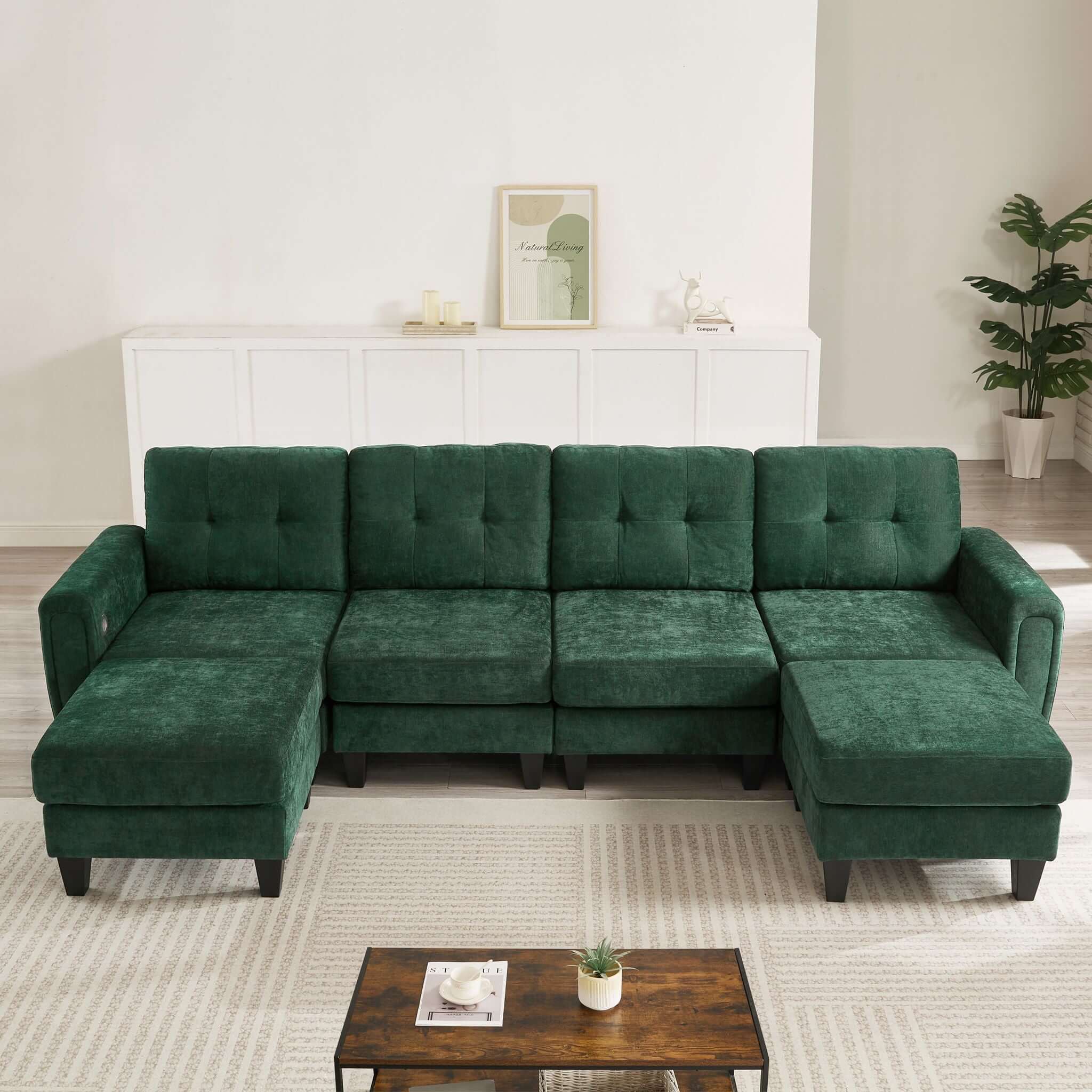 Modular Sectional Sofa With Movable Ottomans, USB Ports & Side Tables