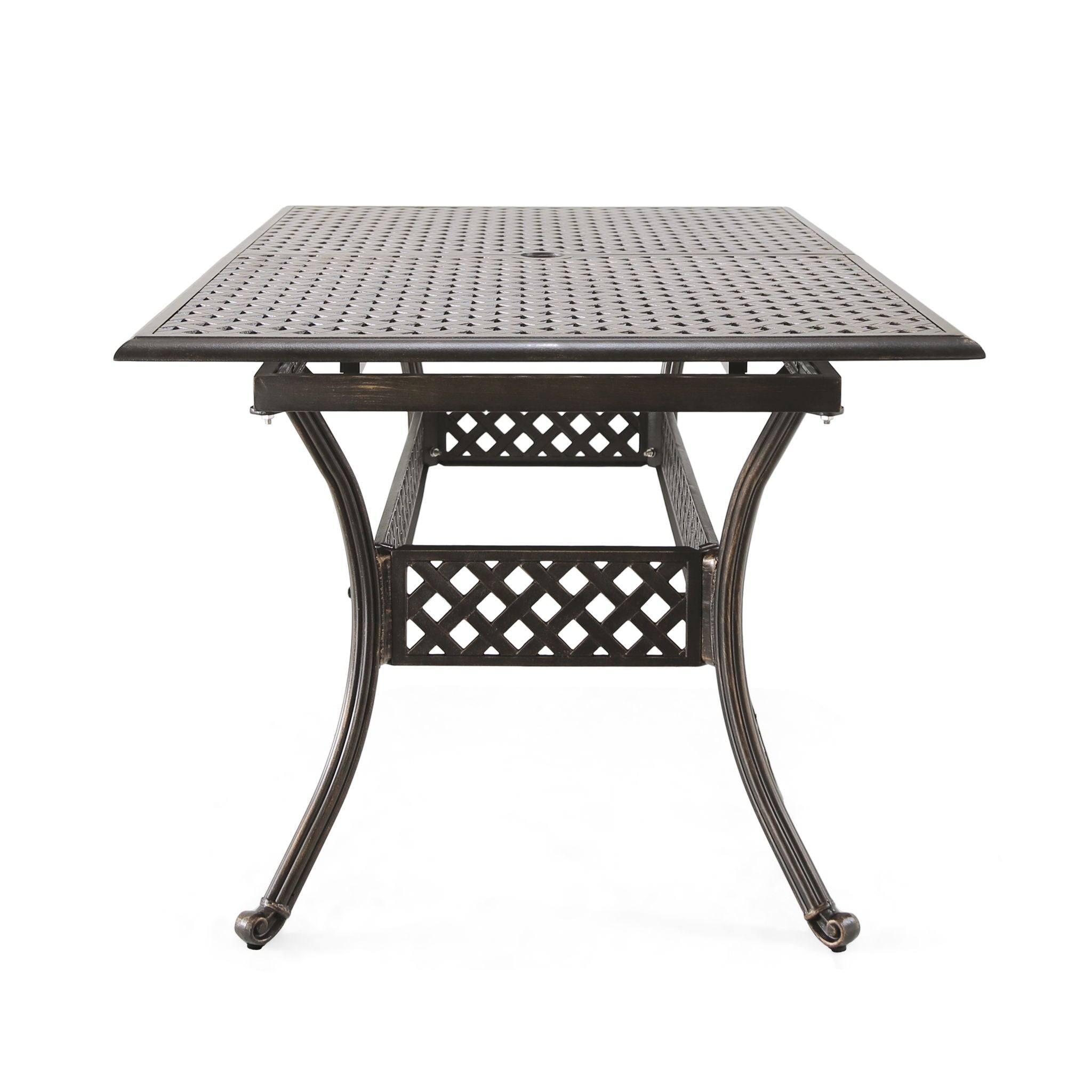 Outdoor Expandable Dining Table With Umbrella Holder, Lattice Pattern And Curved Legs - Black
