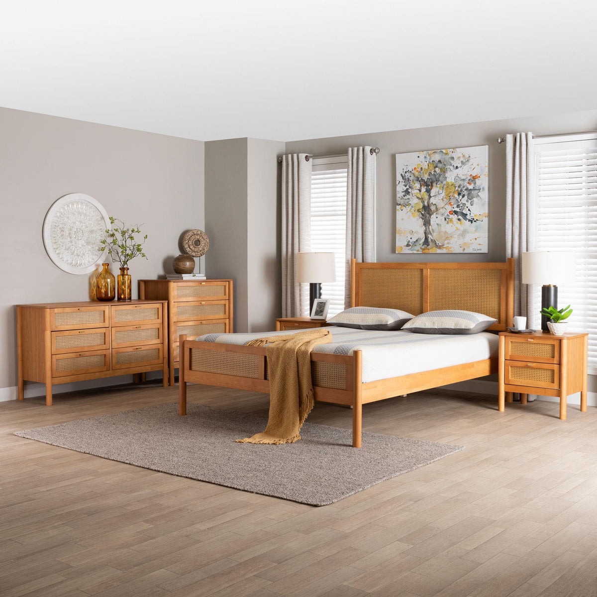 Jenn Golden Brown Wood Japandi 5-Piece Queen Size Bedroom Set with Distressed-Finished Rattan