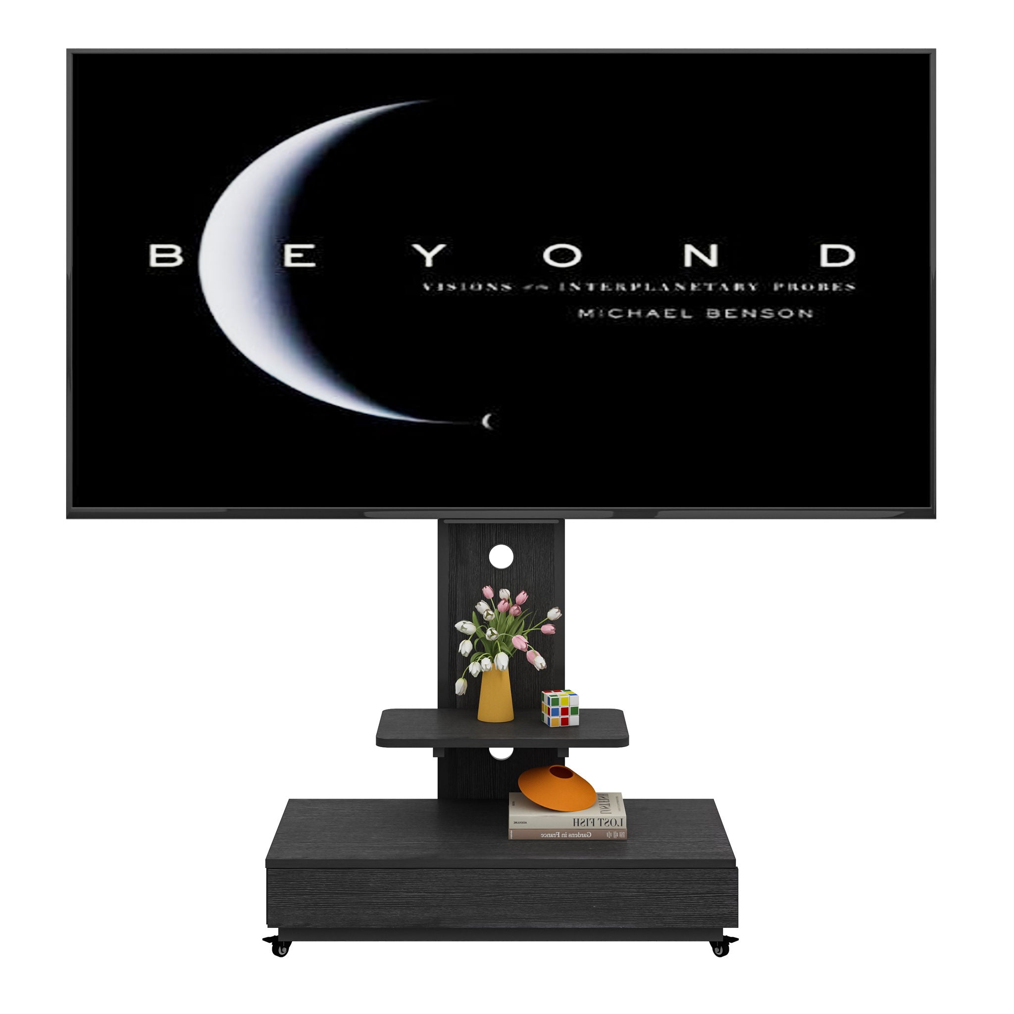 Mobile TV Cart With Push Pull Drawer, Lockable Wheels