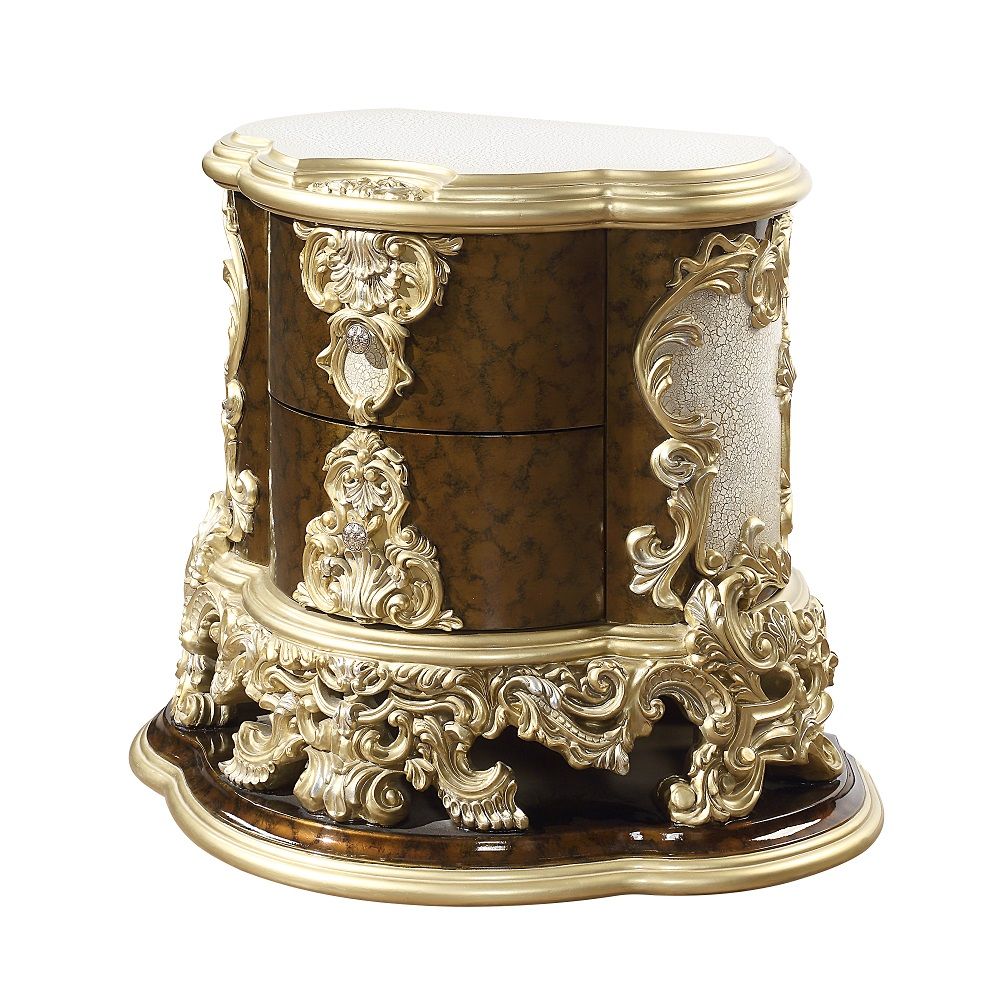 ACME Desiderius - Nightstand - Antique Gold & Hand Painted Brown | Meri Furniture
