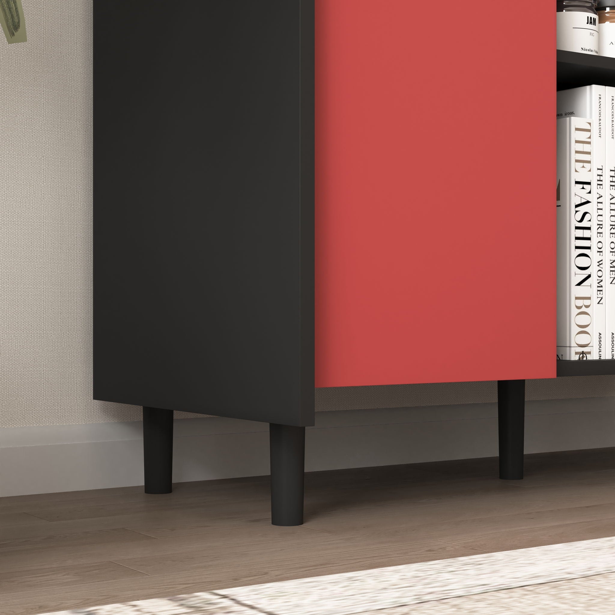 Modern Sideboard Buffet Cabinet With Red Doors And Unique Panel Styling