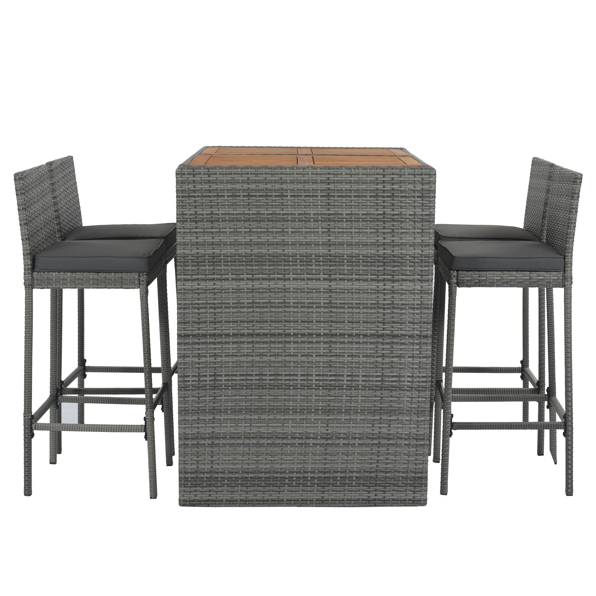 5 Pieces Outdoor Patio Wicker Bar Set, Bar Height Chairs With Non-Slip Feet And Fixed Rope, Removable Cushion, Acacia Wood Table Top - Brown / Gray
