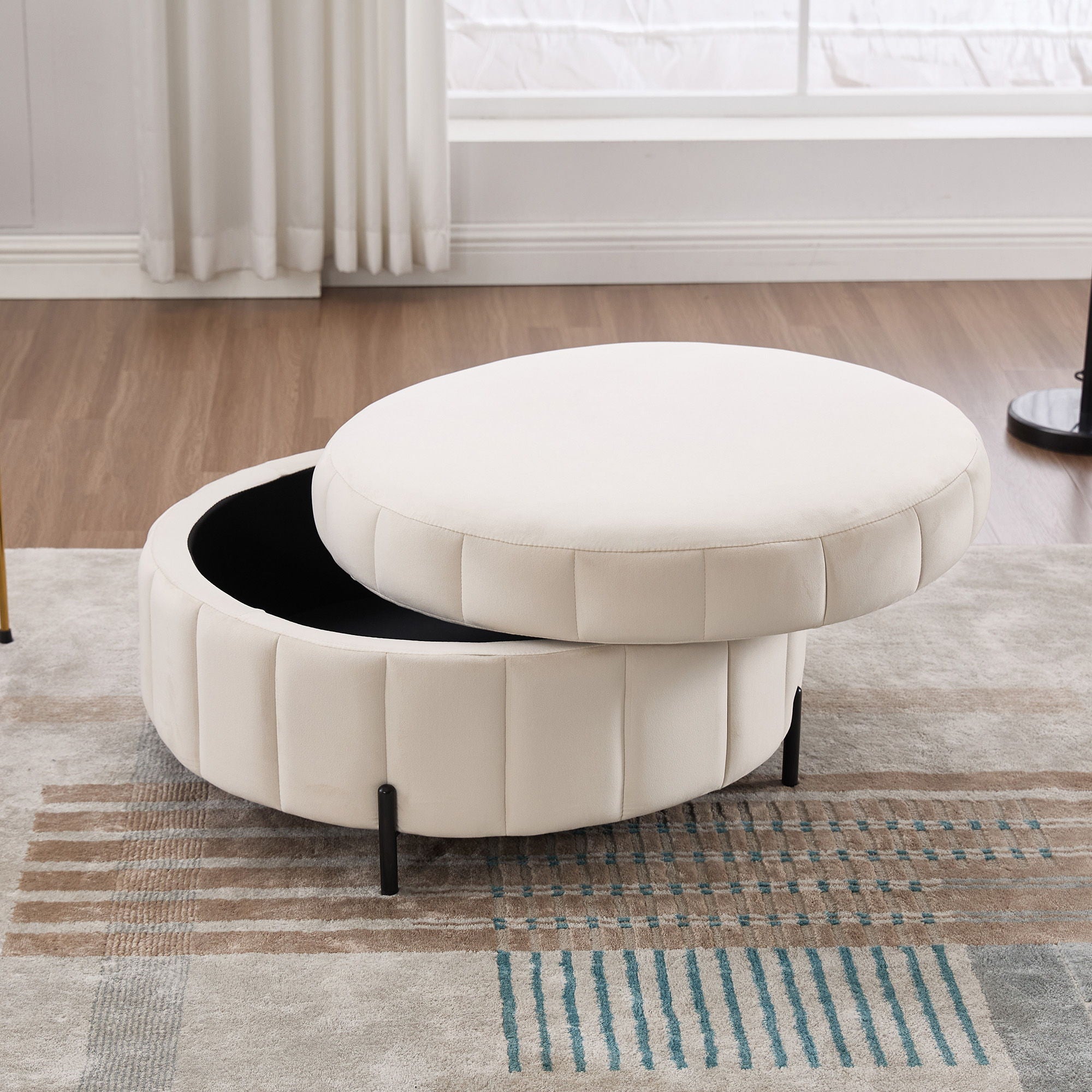 Upholstered Round Ottoman With Reversible Lid, Channel Tufted Pumpkin Shape