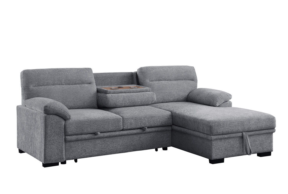 Kipling II 94"W Light Gray Chenille Fabric Sleeper Sectional Sofa with Right-Facing Chaise, Cupholders, USB Charging port