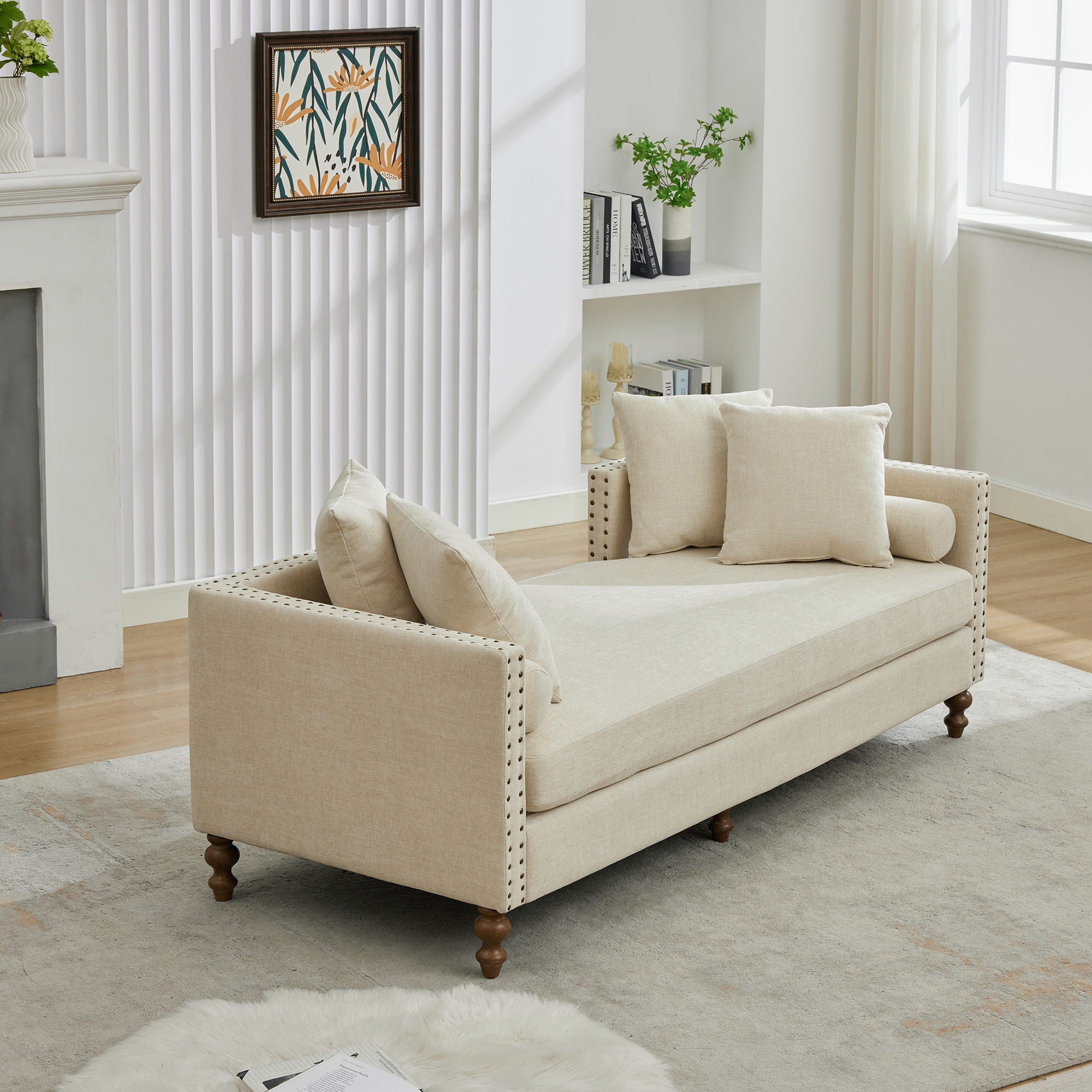 Upholstered Chaise Lounge Indoor With Nailheads, Sleeper Sofa Couch With 4 Throw Pillows & 2 Bolsters, Daybed With Rubberwood Legs