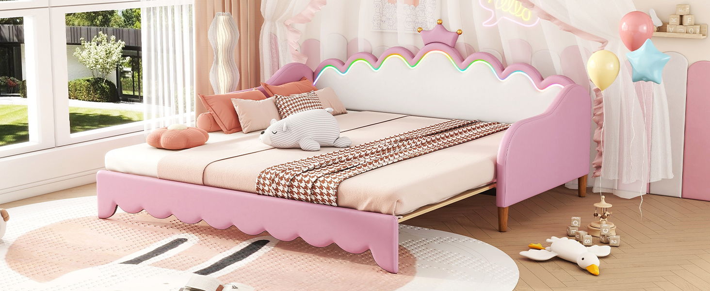 Extending Daybed With LED Lights, Modern Upholstered Princess Daybed With Crown Headboard