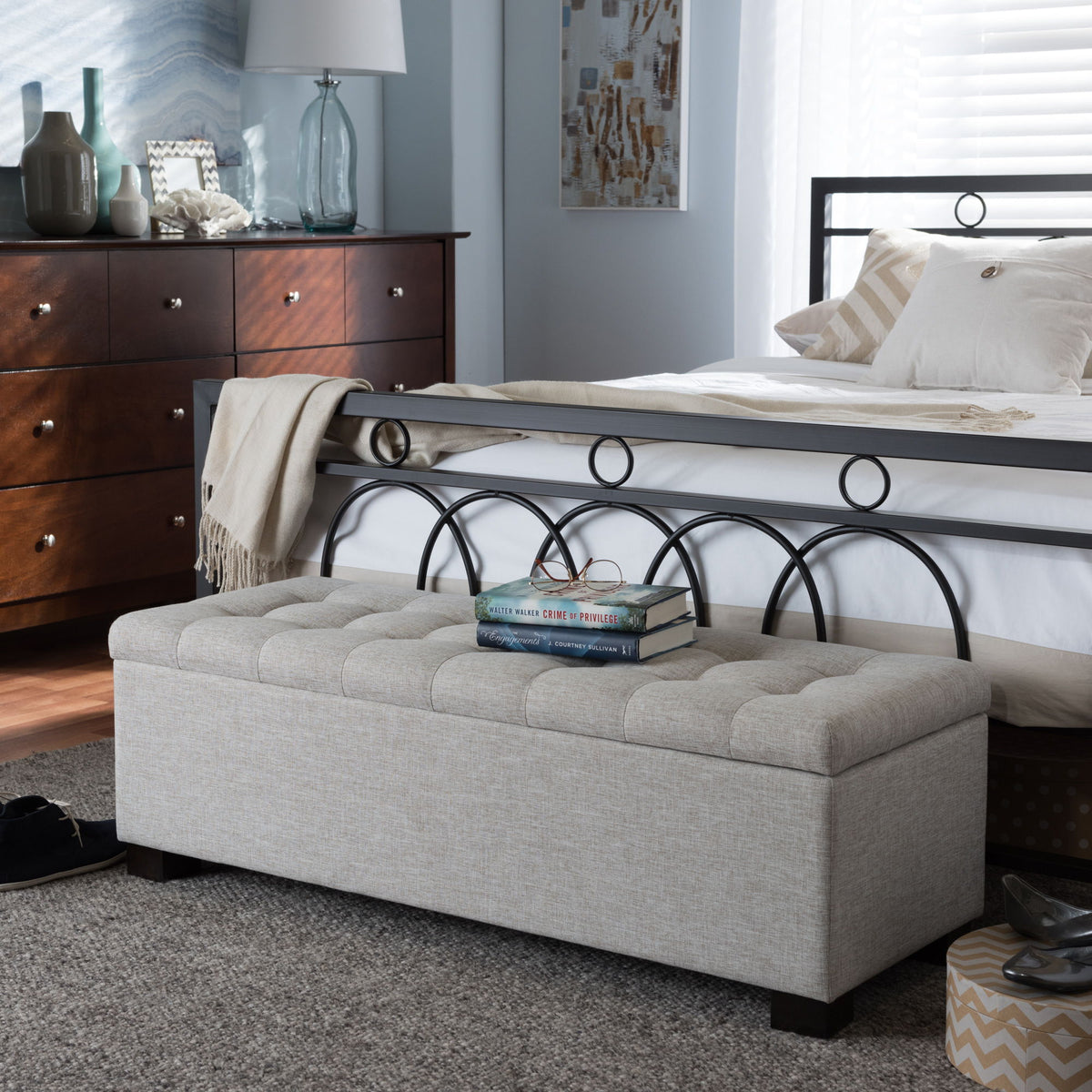 RoaNoke Modern and Contemporary Beige Fabric Upholstered Grid-Tufting Storage Ottoman Bench