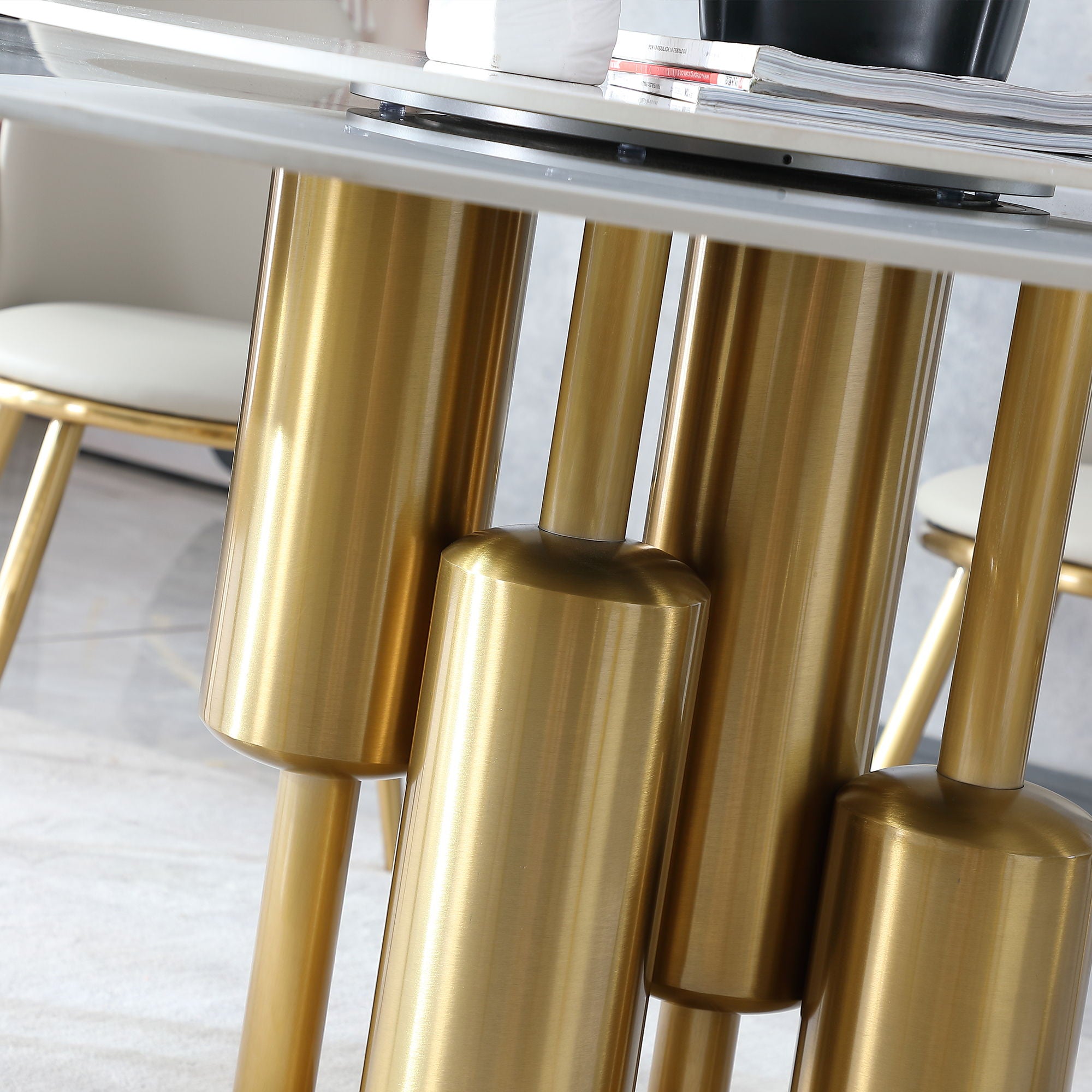 Round Stone Burning Table, Modern Marble Dining Table With Chairs