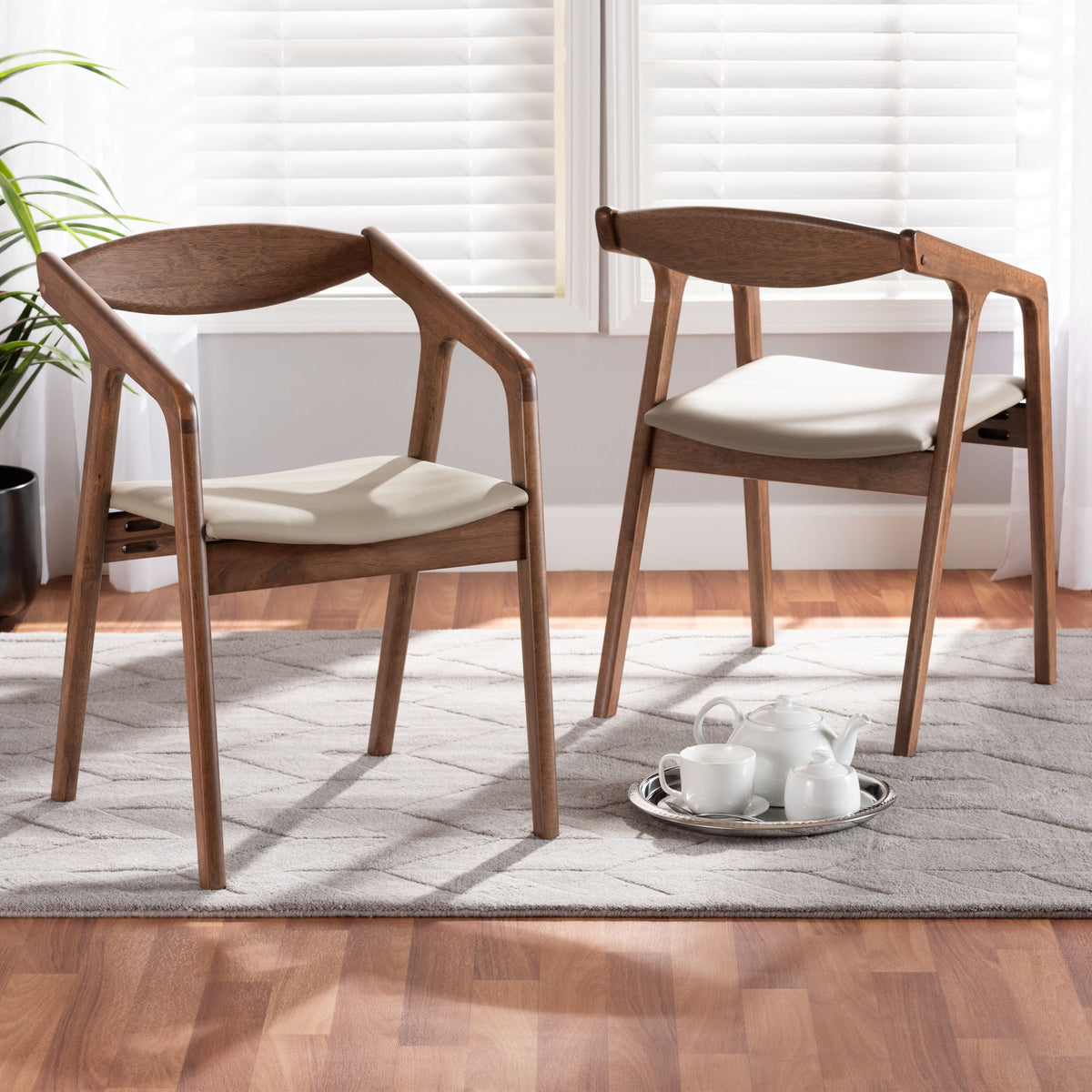 Harland Mid-Century Modern Grey Faux Leather Upholstered and Walnut Brown Finished Wood 2-Piece Dining Chair Set
