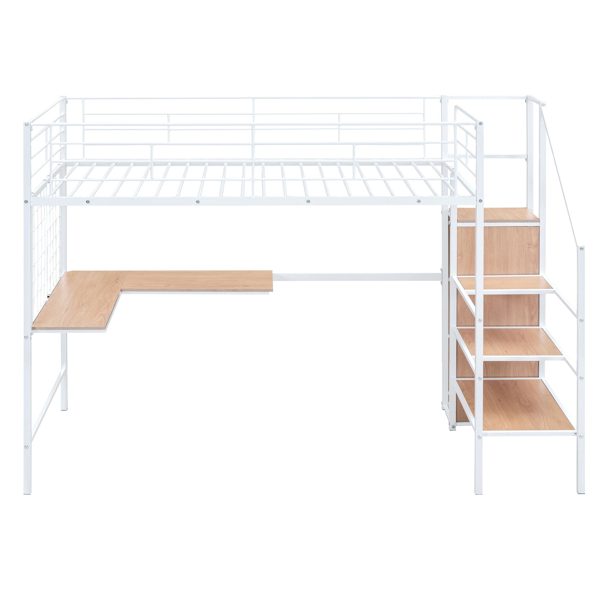 Loft Bed With Desk And Grid, Stylish Frame With Lateral Storage Ladder And Wardrobe