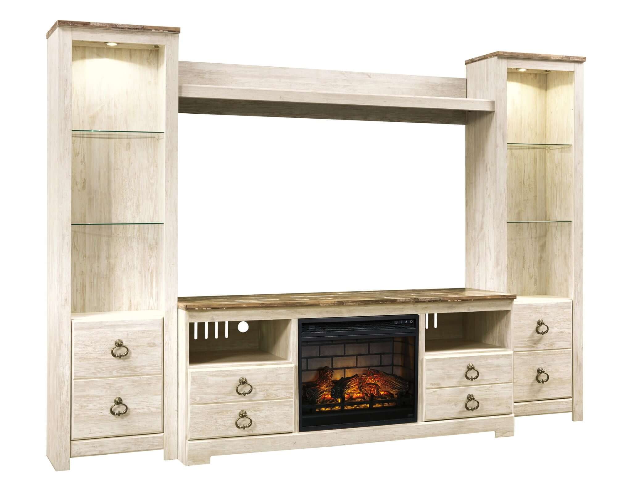 Willowton - Entertainment Center - TV Stand With Faux Firebrick Fireplace Insert - Whitewash