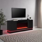 Clay 70.5"W Black Finish TV Stand with Fireplace, Heater, and Speaker