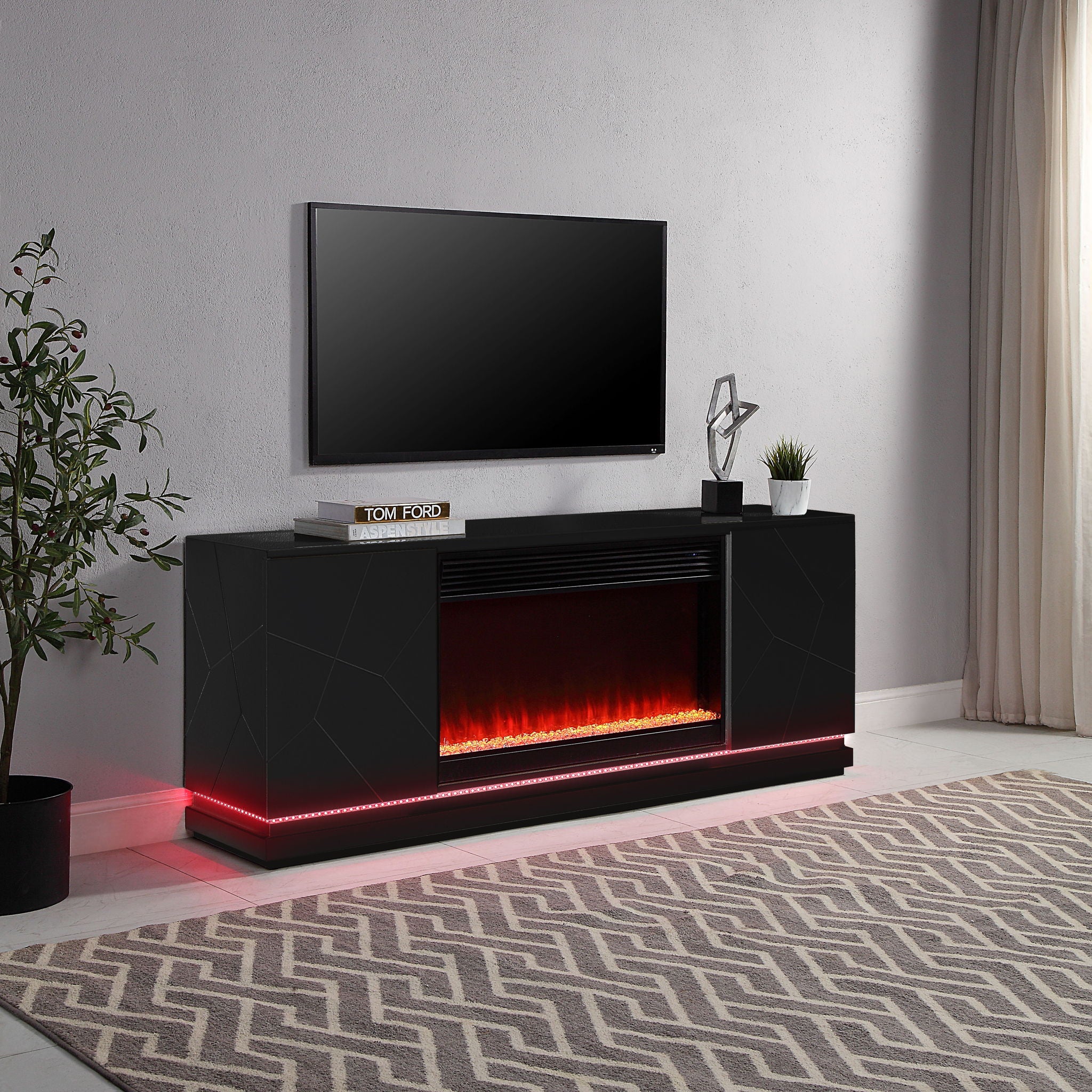 Clay 70.5"W Black Finish TV Stand with Fireplace, Heater, and Speaker