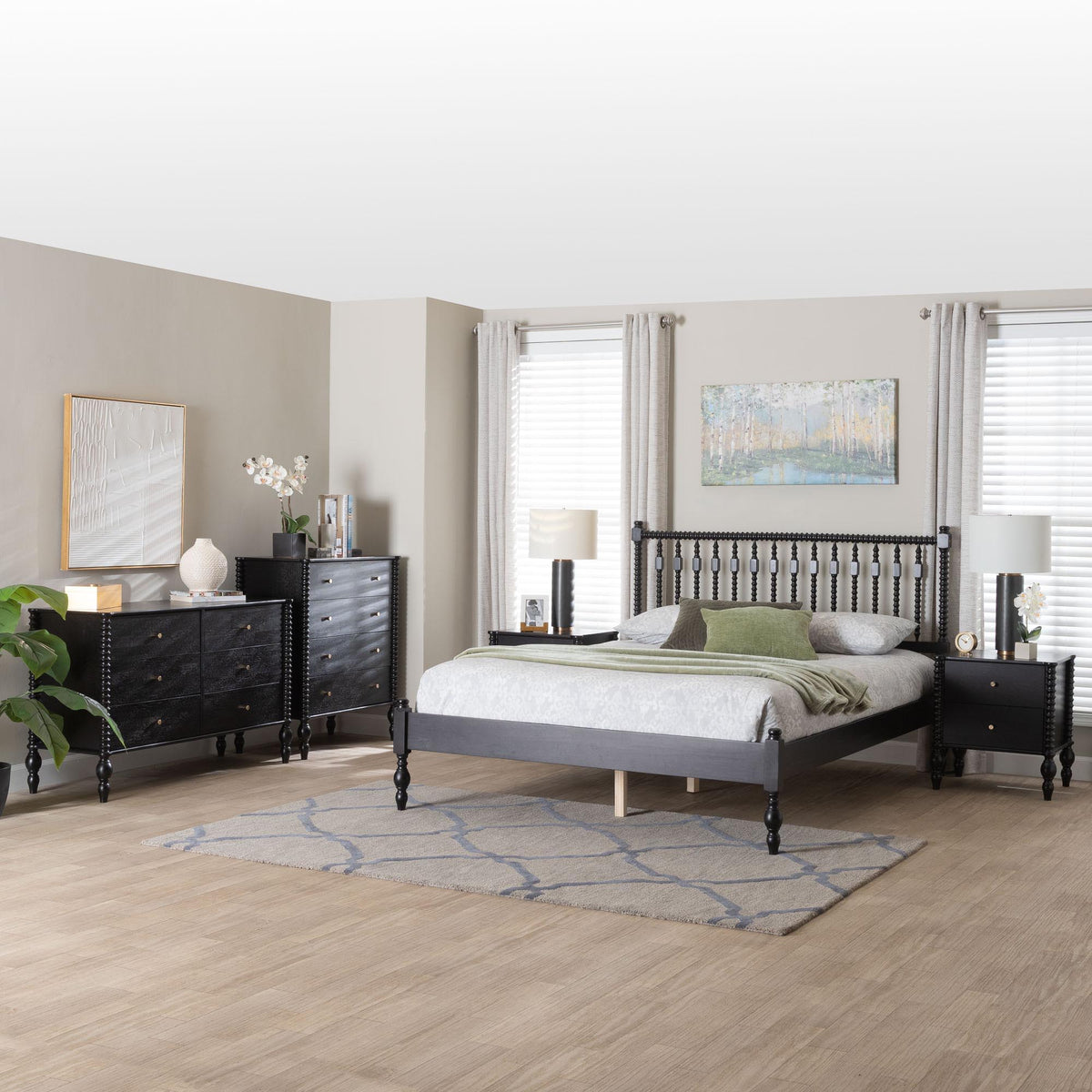 Callison Spindle 5-Piece Bedroom Set - Farmhouse Platform Bed with Matching Dresser, Chest, and 2-Drawer Nightstands, Black, Queen