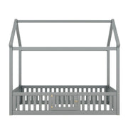 Wood House Bed With Fence And Door