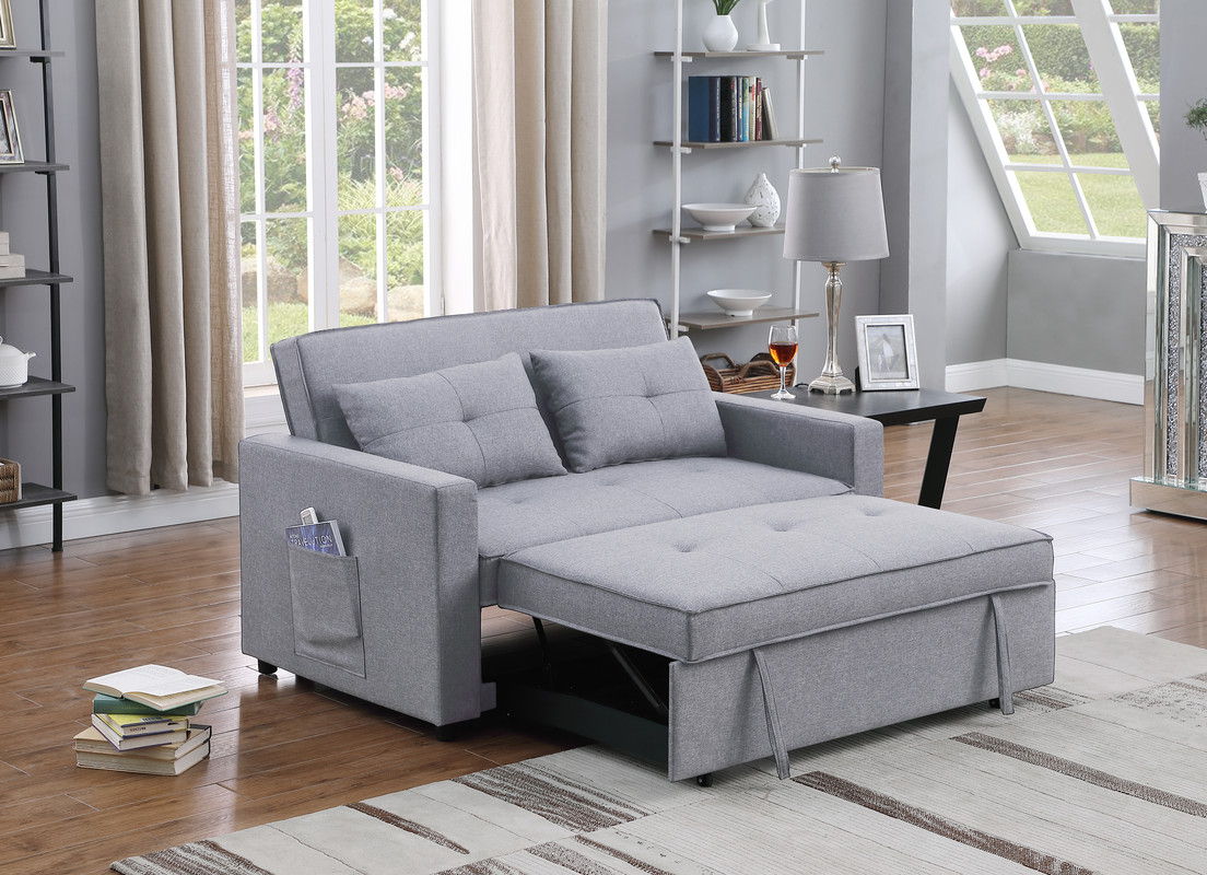 Zoey 56"W Light Gray Linen Convertible Sleeper Loveseat with Side Pocket