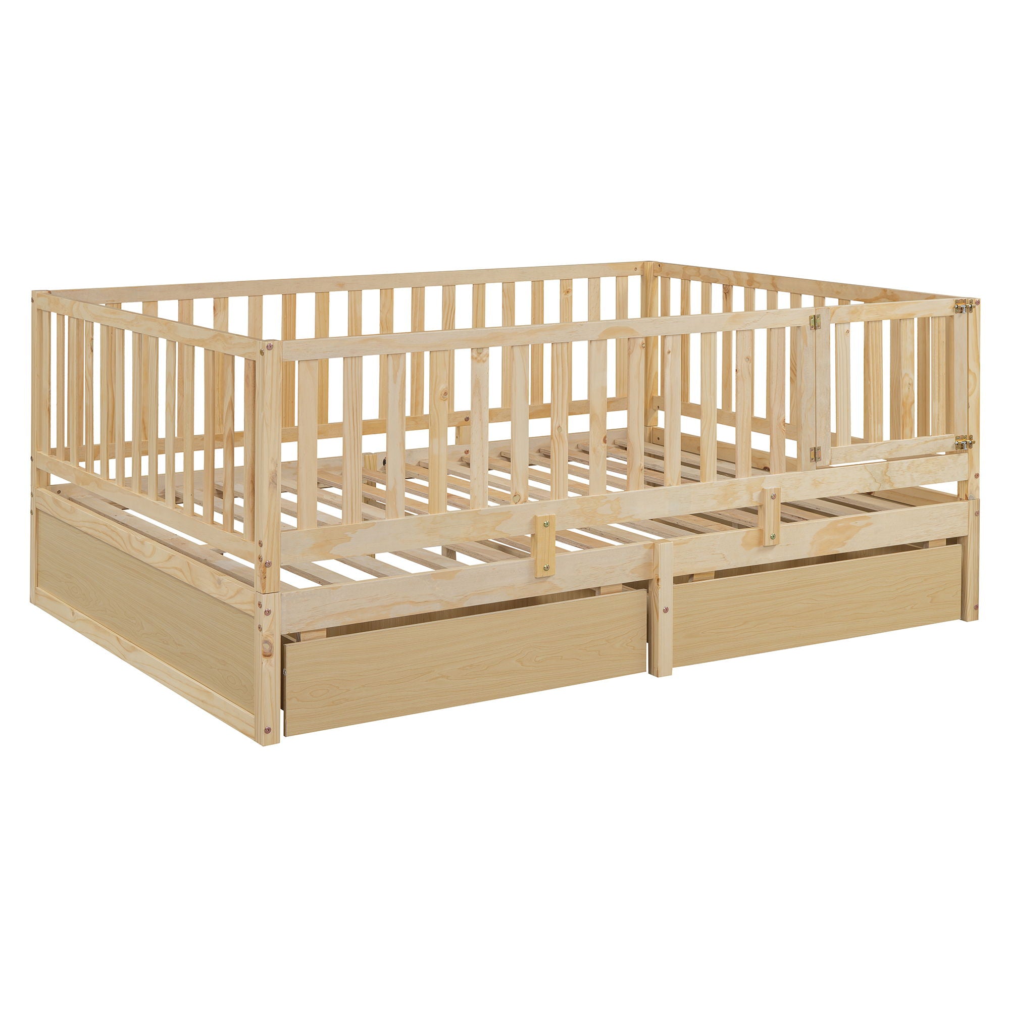 Daybed With Fence Guardrails And 2 Drawers, Split Into Independent Floor Bed & Daybed