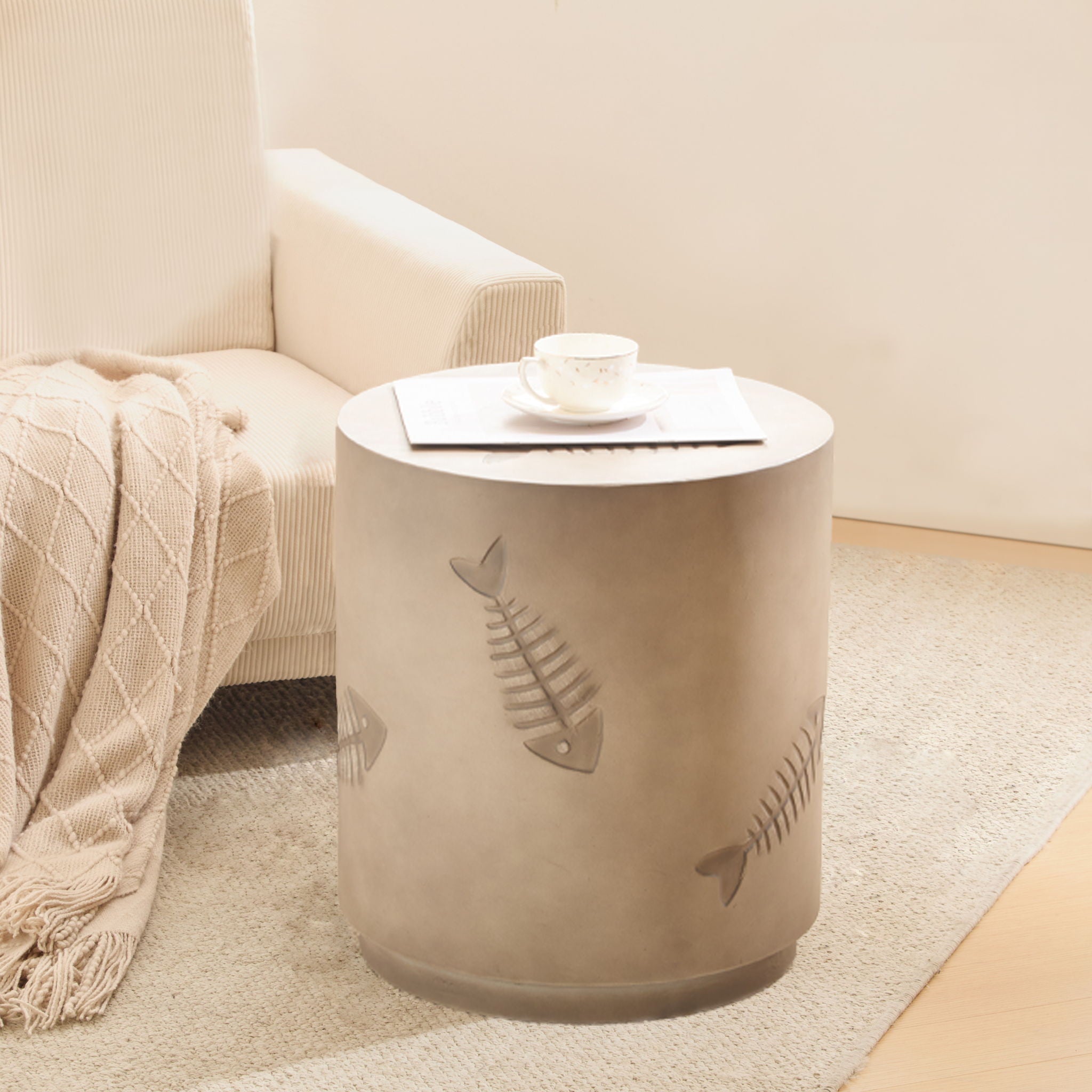 Rustic Magnesium Oxide Side Table With Fish Pattern Design - Gray