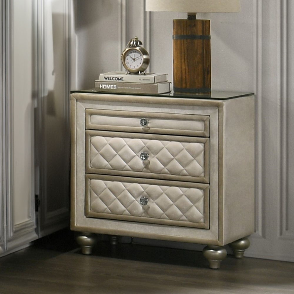 ACME Lucienne - Nightstand - Beige Velvet | Meri Furniture