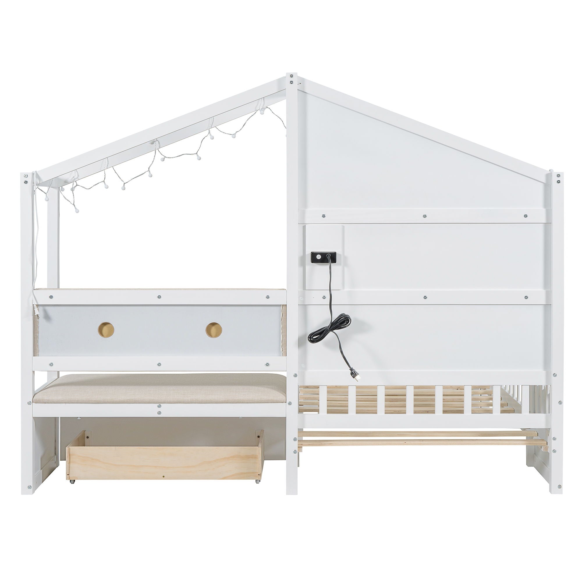 House Bed With Upholstered Sofa, Wireless Charging Station, Shelves And 2 Drawers