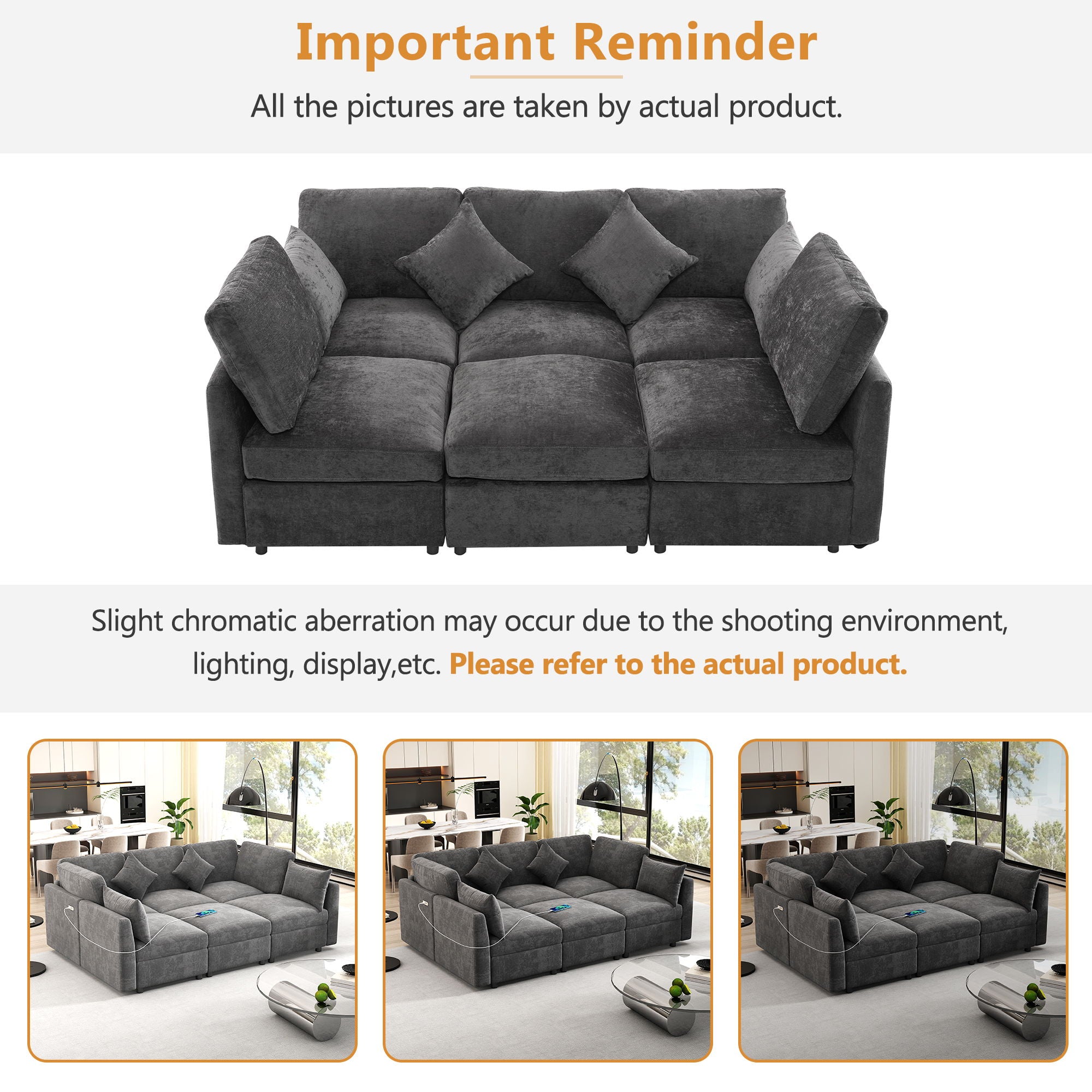 Sectional Sofa Modular U-Shaped With Ottoman & USB Ports