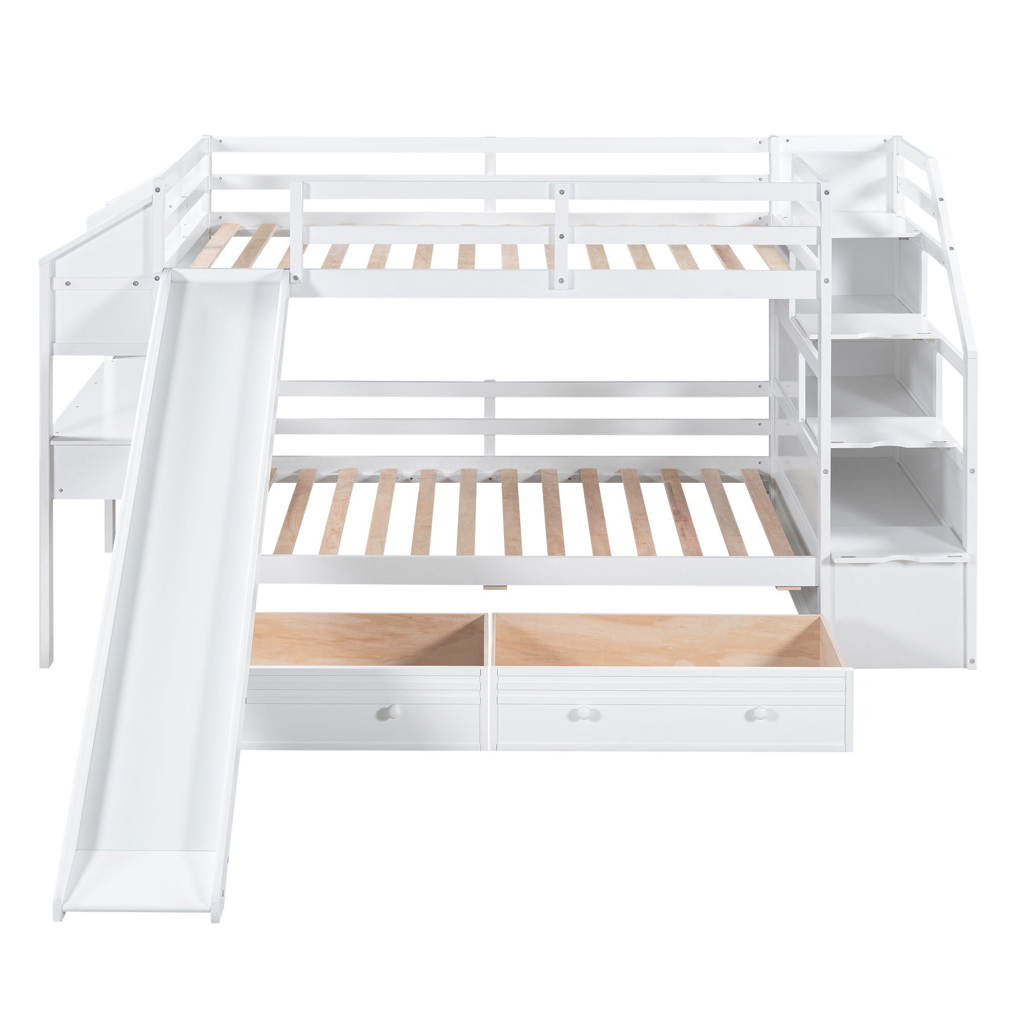 Bunk Bed With Storage Staircase, Slide, Desk, Drawers, And Shelves