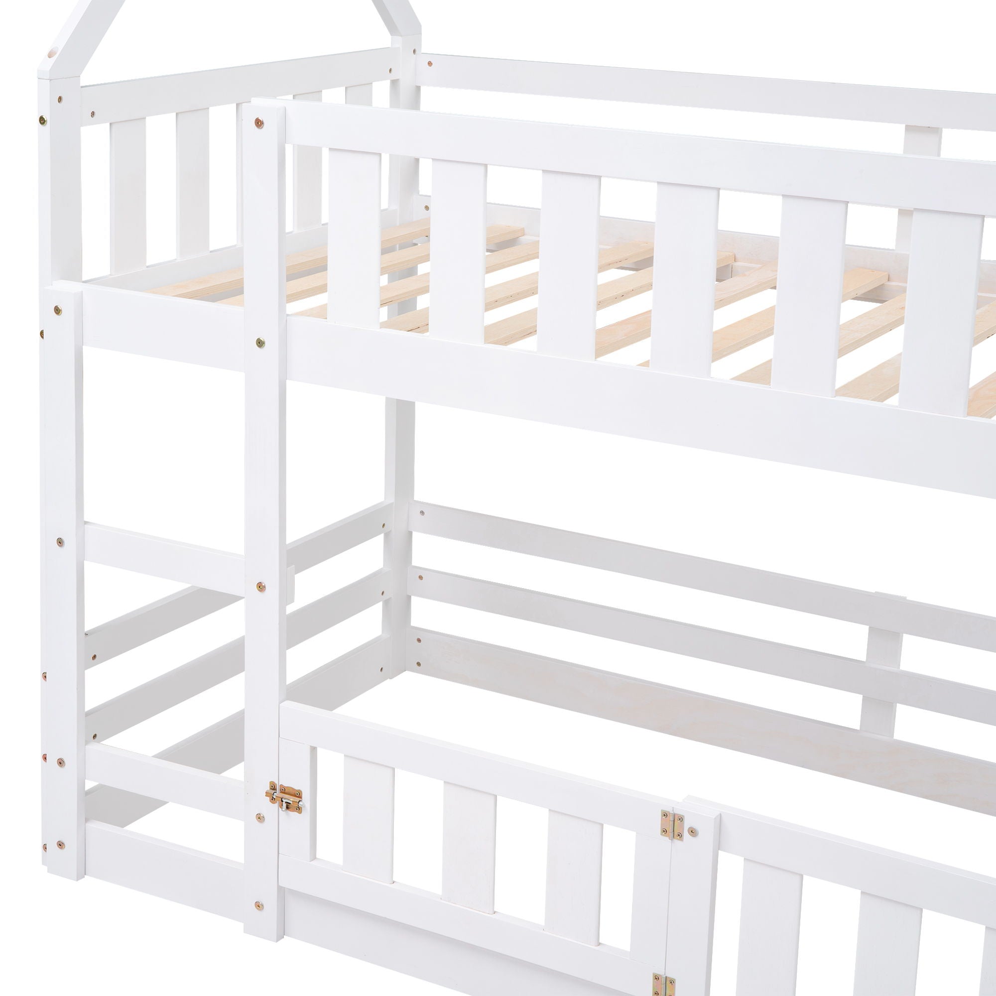 Twin Over Twin House Bunk Bed With Fence And Door