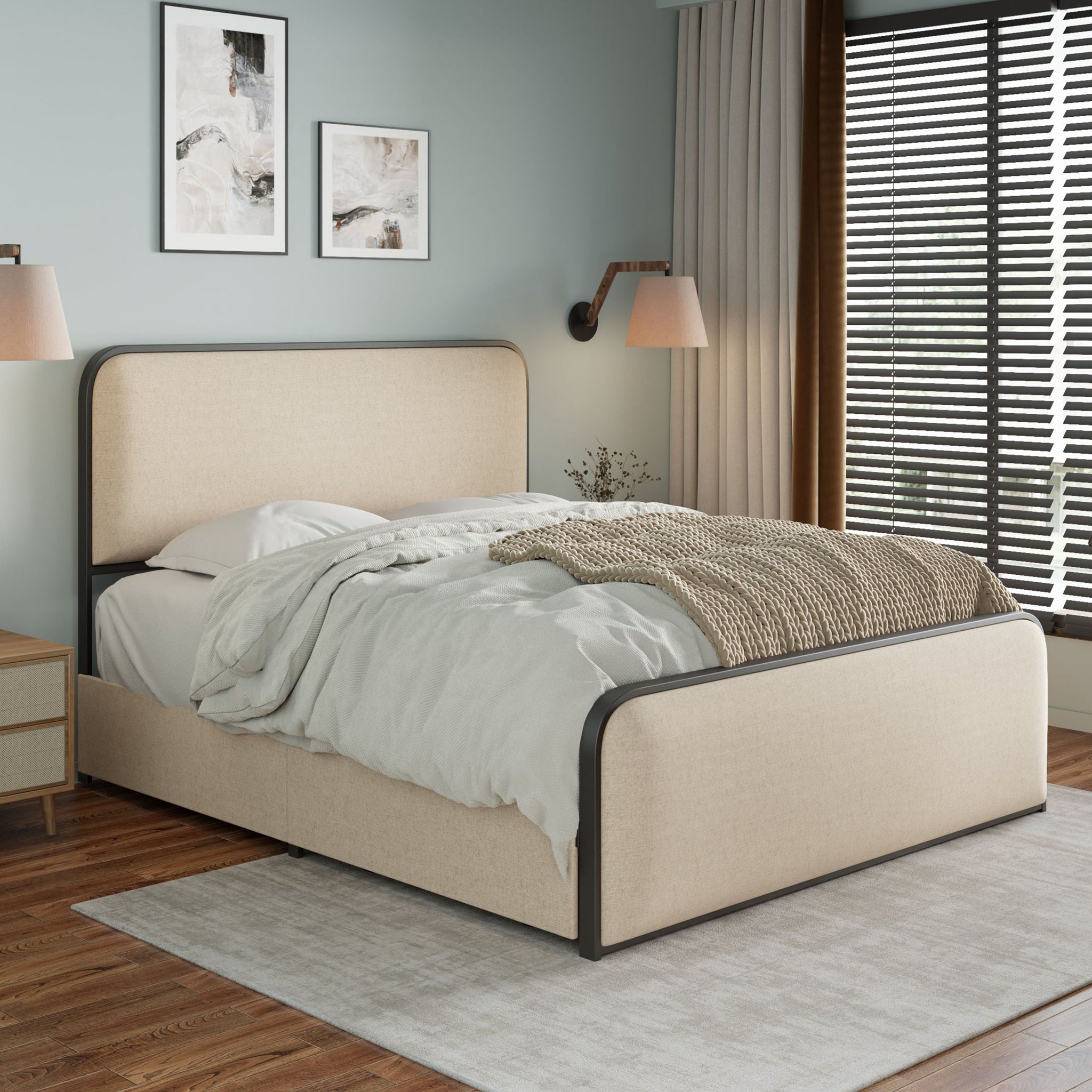 Modern Bed With Curved Upholstered Headboard And Footboard, Heavy Duty Metal Slats