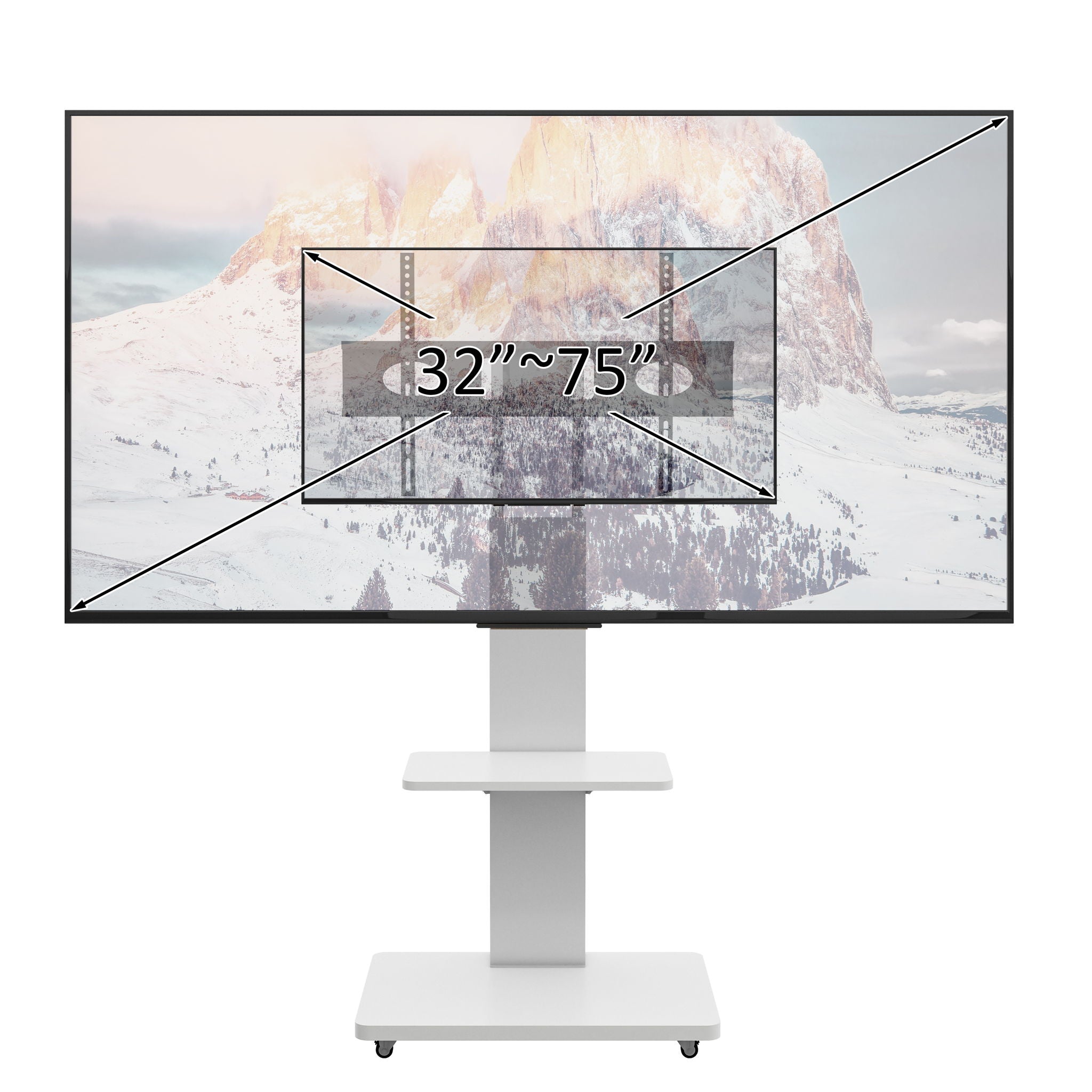Mobile TV Stand With Shelf Floor Mount Cart For TVs With Lockable Wheels Ideal For Living Room Bedroom Or Office - White