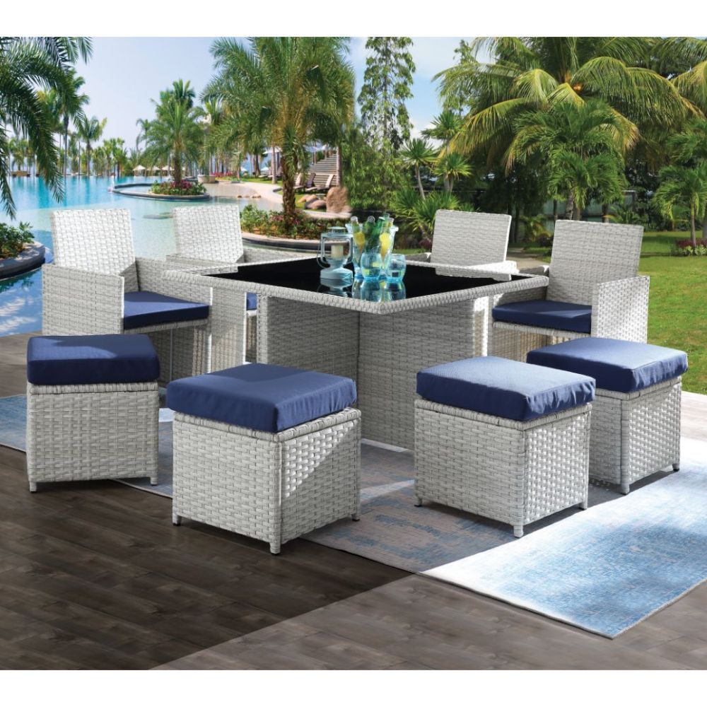 ACME Paitalyi - Patio Set - Blue Fabric & Wicker | Meri Furniture