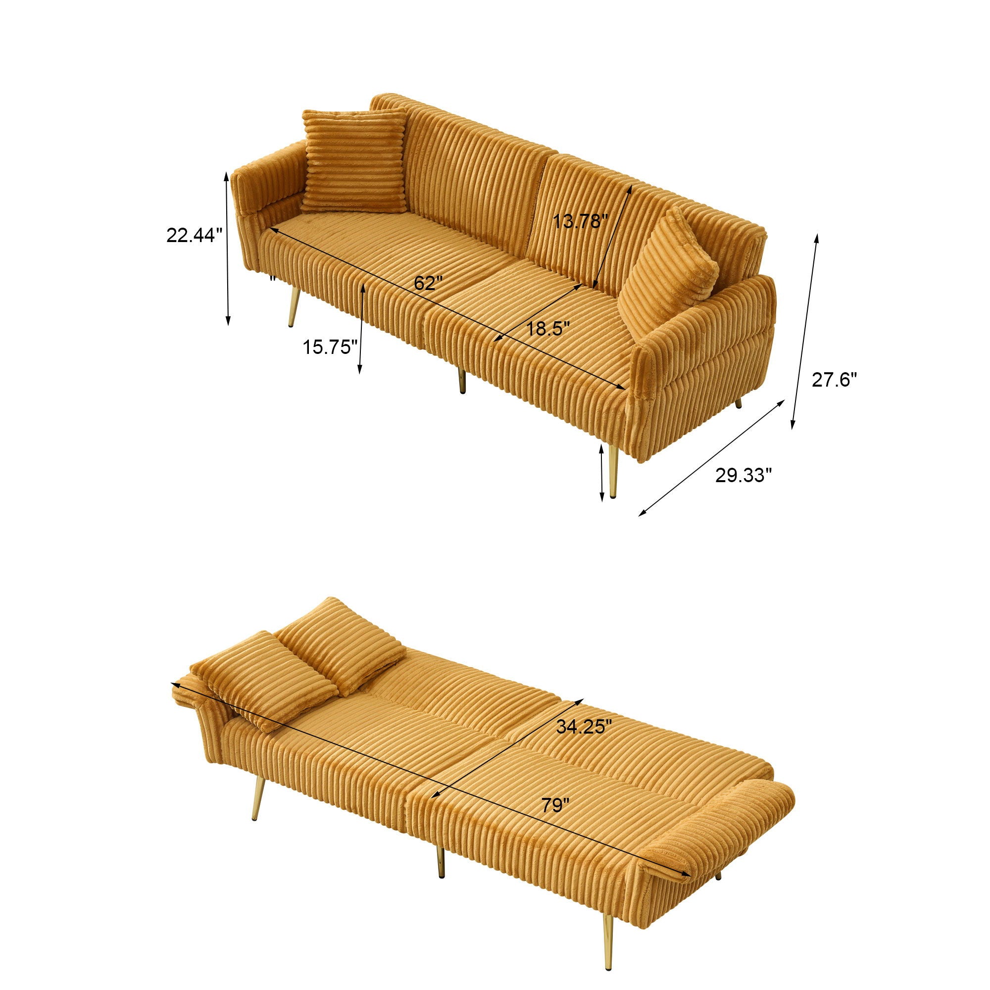 Luxury Corduroy Foldable Double Sofa Bed With Folding Armrests